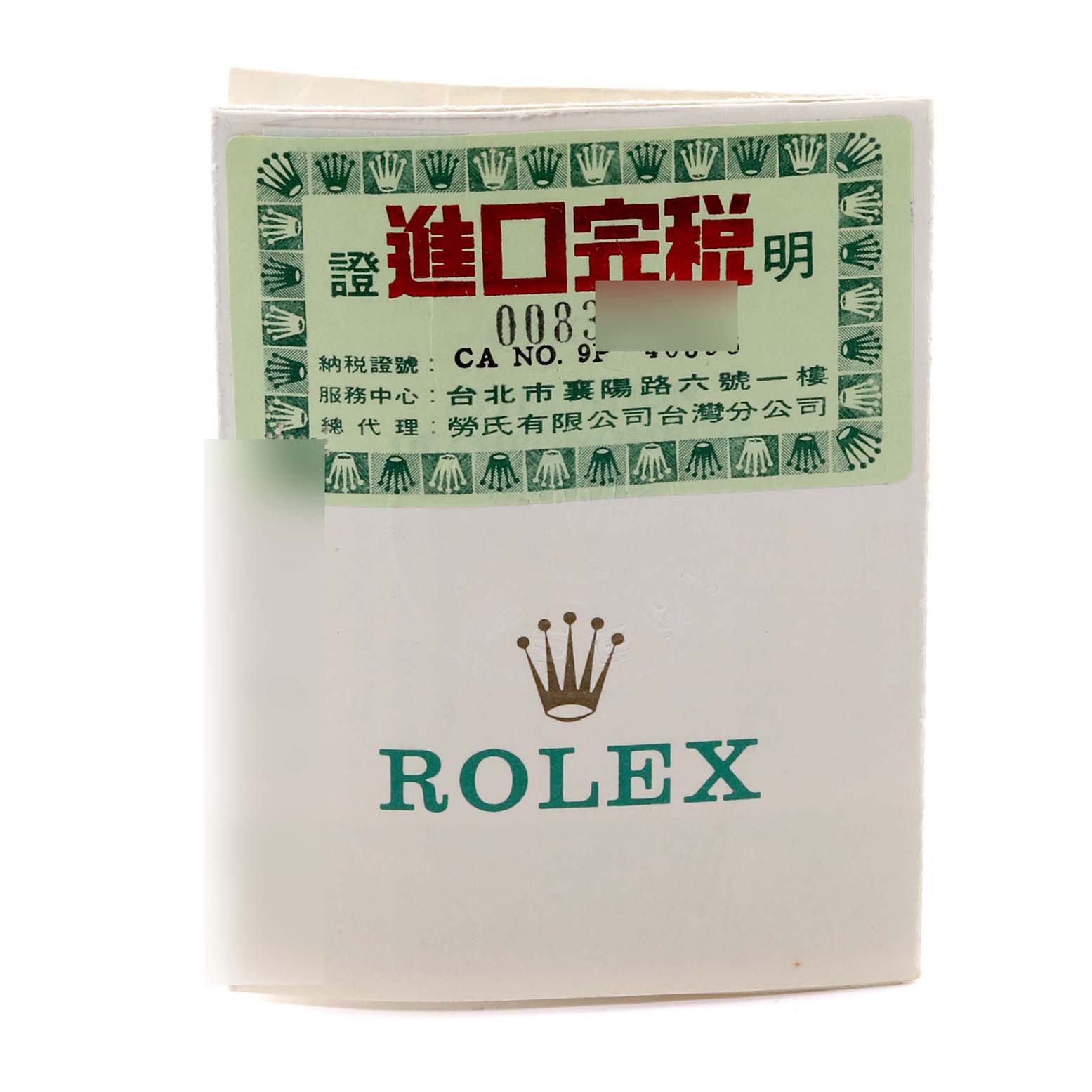 This image shows a document holder with a tax label and the Rolex brand logo, likely associated with a Mid-Size Rolex watch.