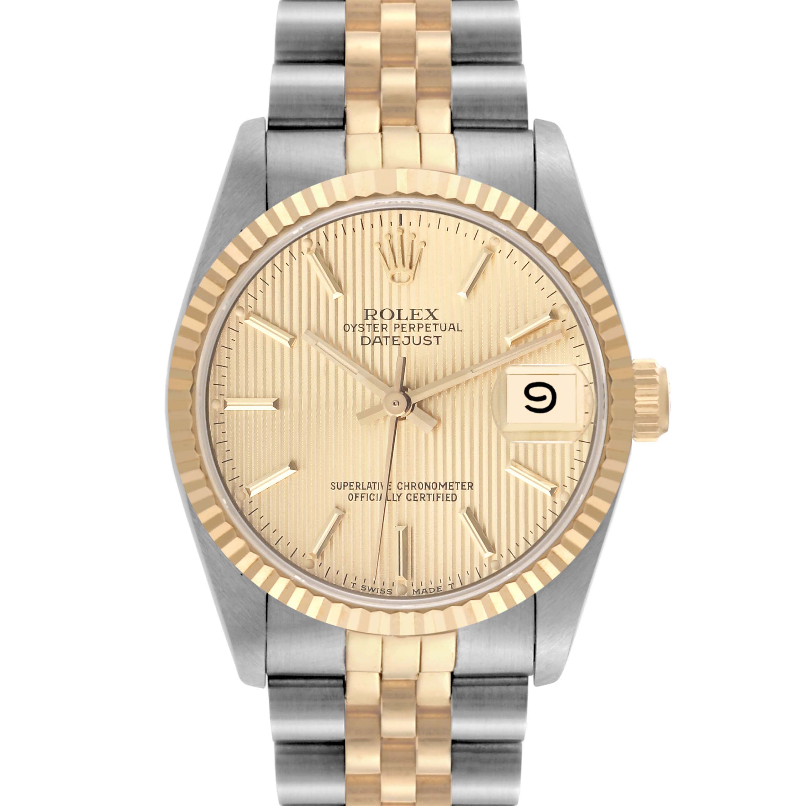 This image shows a front view of a Rolex Mid-Size 68273 Women's Steel and Gold (two tone) Champagne Dial 68273 Women's Steel and Gold (two tone) Champagne Dial Oyster Perpetual Datejust watch, highlighting its dial, bezel, and bracelet.