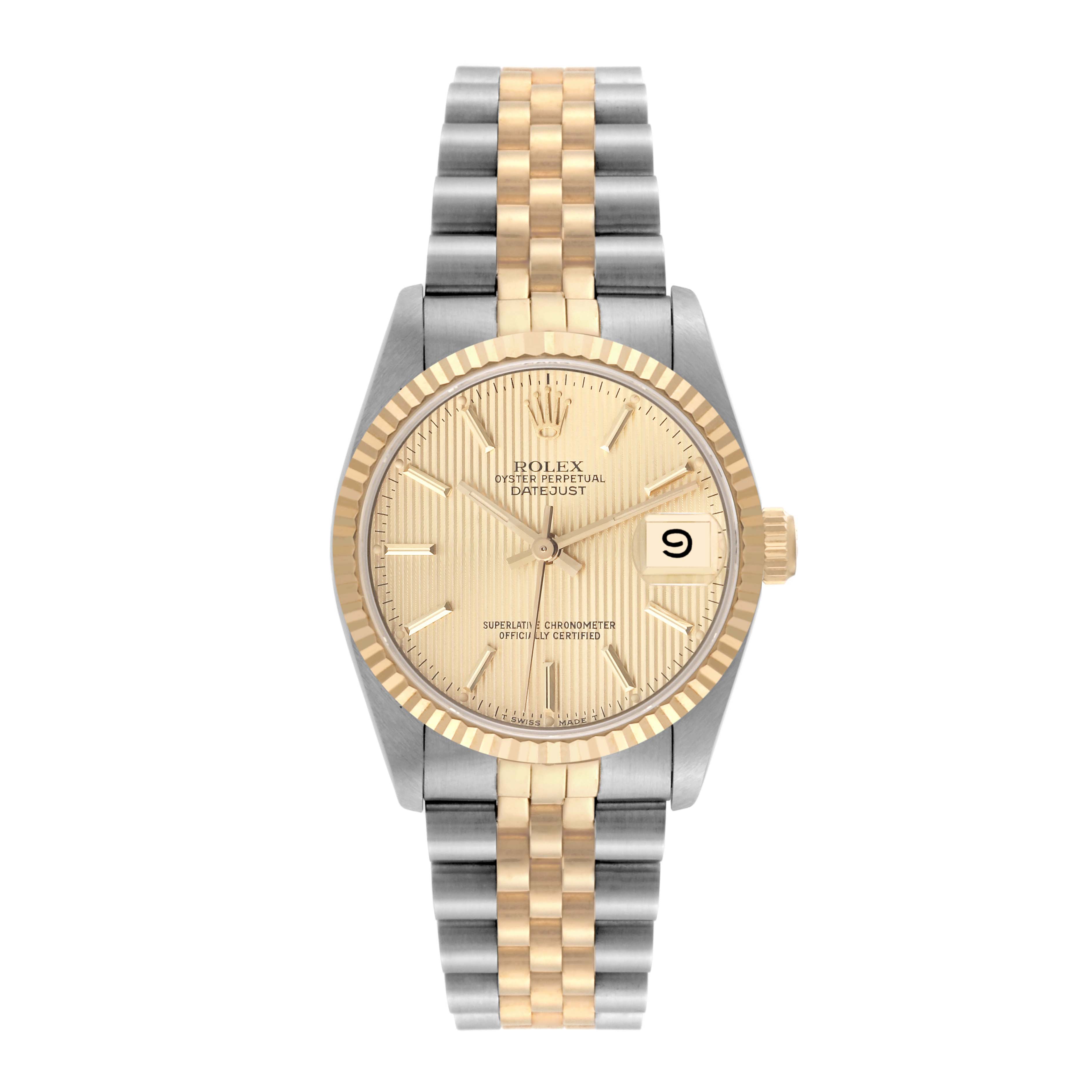 The image shows a front view of a Rolex Mid-Size 68273 Women's Steel and Gold (two tone) Champagne Dial 68273 Women's Steel and Gold (two tone) Champagne Dial Datejust watch with a two-tone metal bracelet.