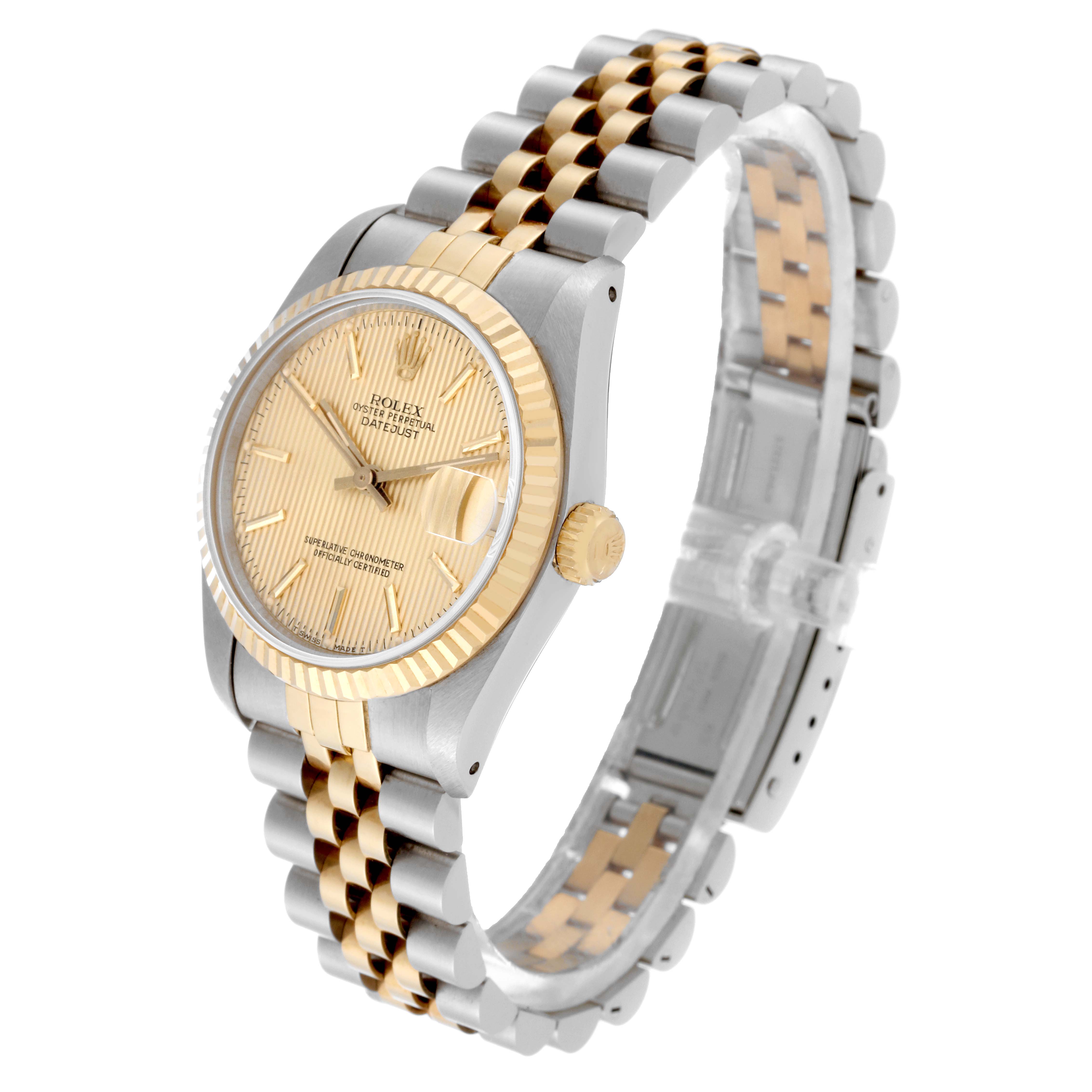 The image shows a Rolex Mid-Size 68273 Women's Steel and Gold (two tone) Champagne Dial 68273 Women's Steel and Gold (two tone) Champagne Dial model watch at a three-quarter angle, displaying the face, bezel, and band.