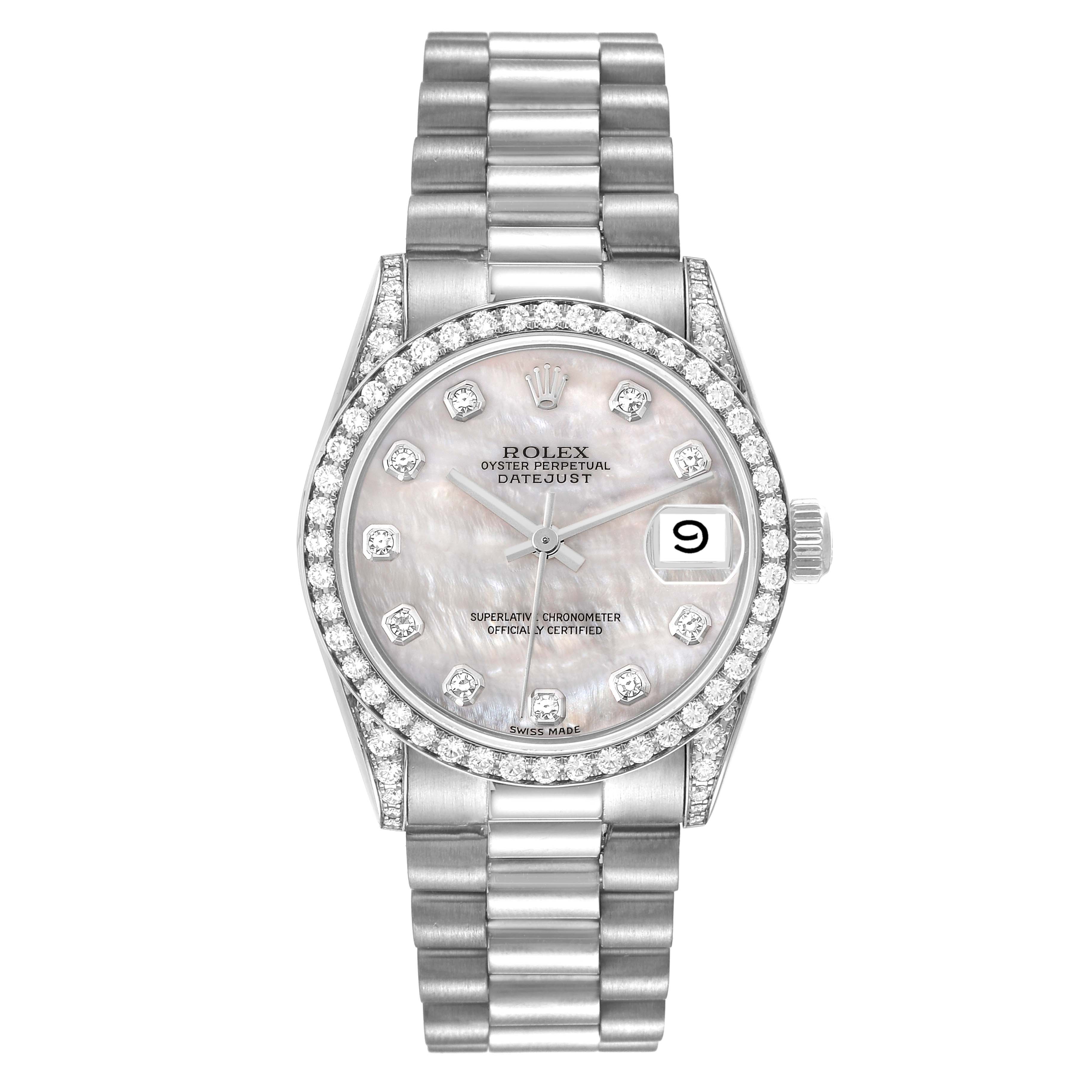 This image shows a front view of the Rolex Datejust Mid-Size watch, highlighting its face, bezel, and bracelet.