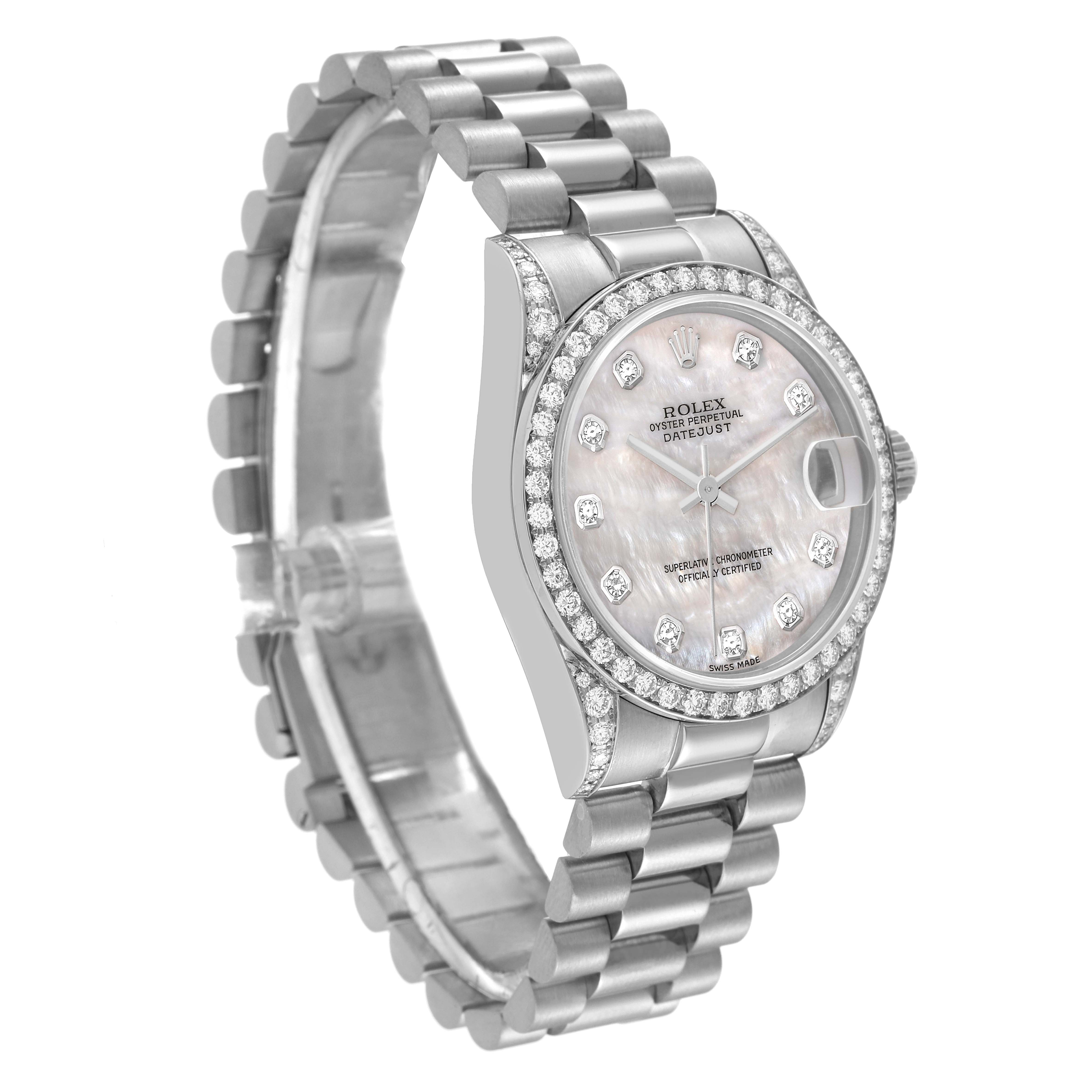 The image shows a Rolex Mid-Size Datejust watch from a three-quarter angle, featuring the face, bezel, and part of the bracelet.
