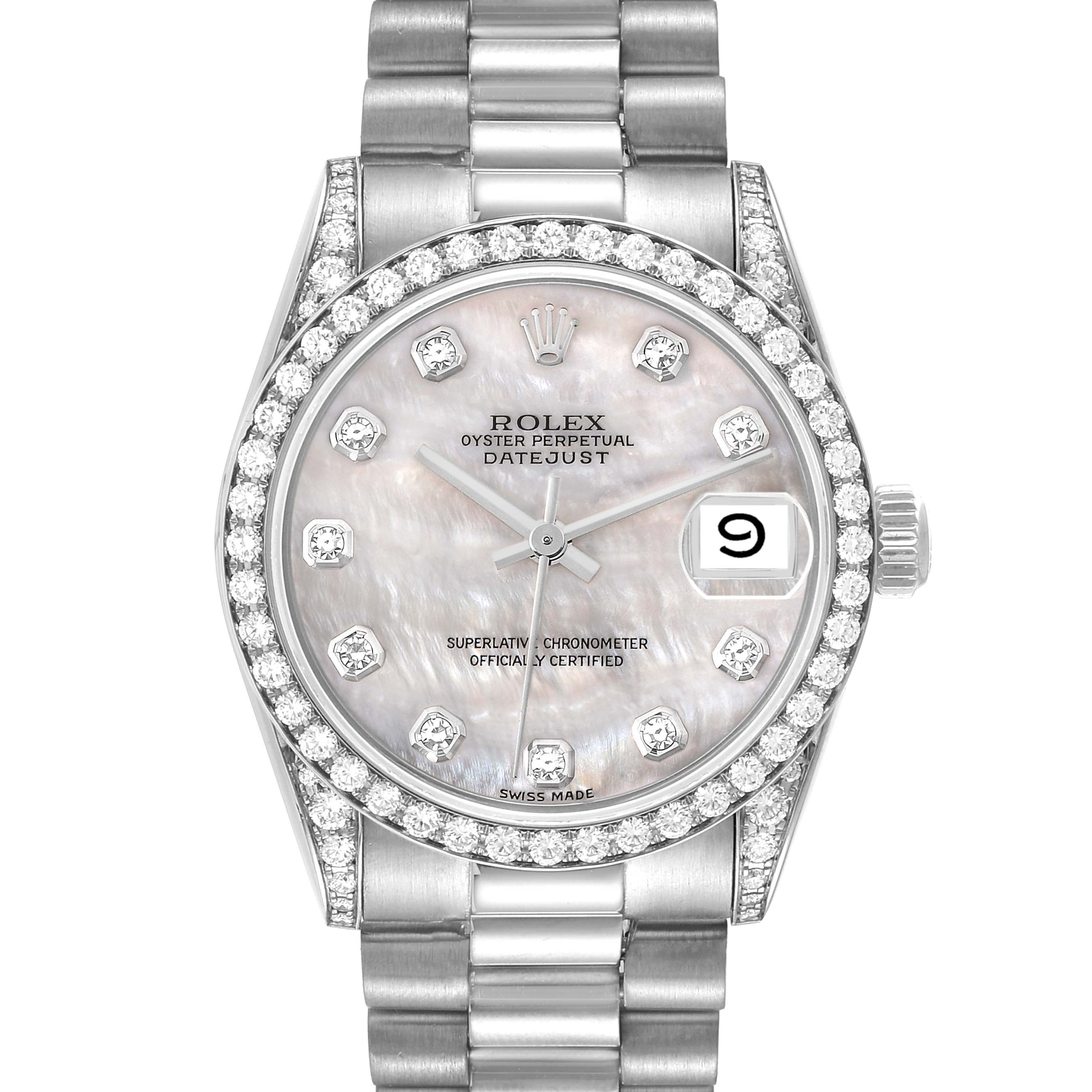 The image shows a front view of a Rolex Datejust President model, showcasing the dial, bezel, and bracelet.