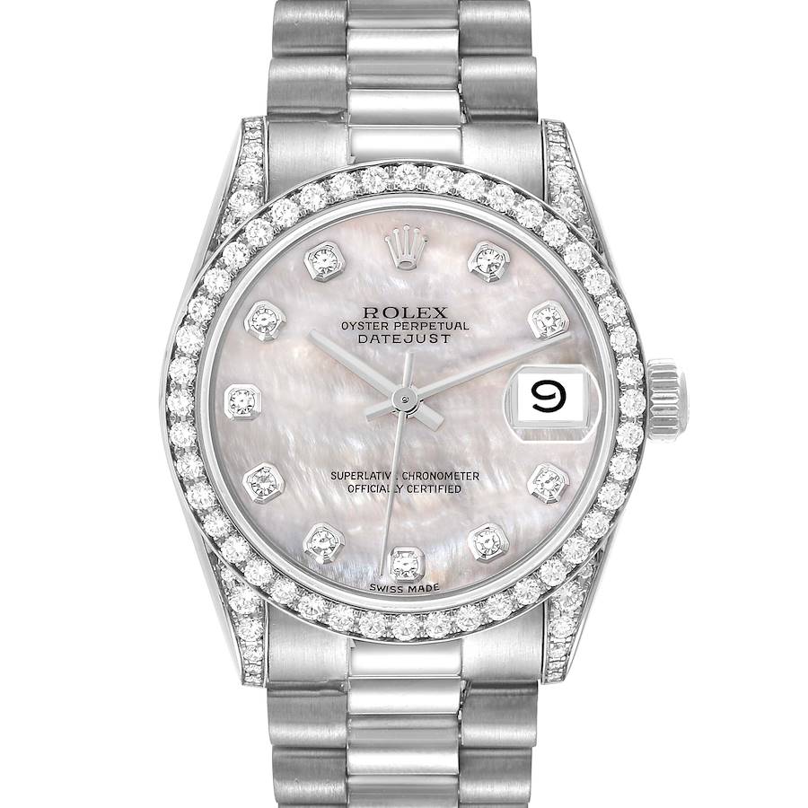 Rolex Datejust President Midsize Mother Of Pearl White Gold Diamond Ladies Watch 68159 SwissWatchExpo