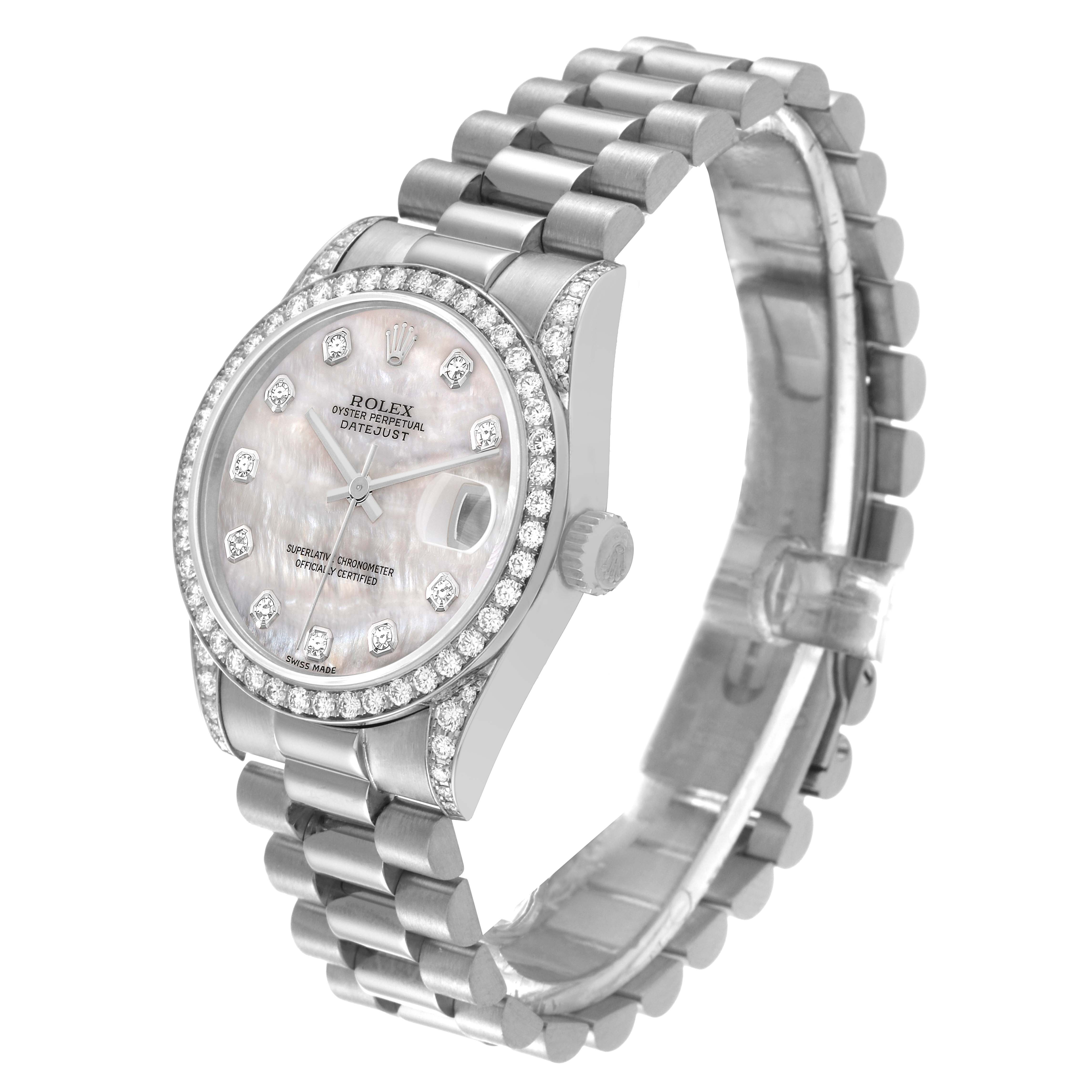 This Rolex Mid-Size Datejust watch is shown at a slightly angled side view, showcasing the bezel, dial, crown, and bracelet.