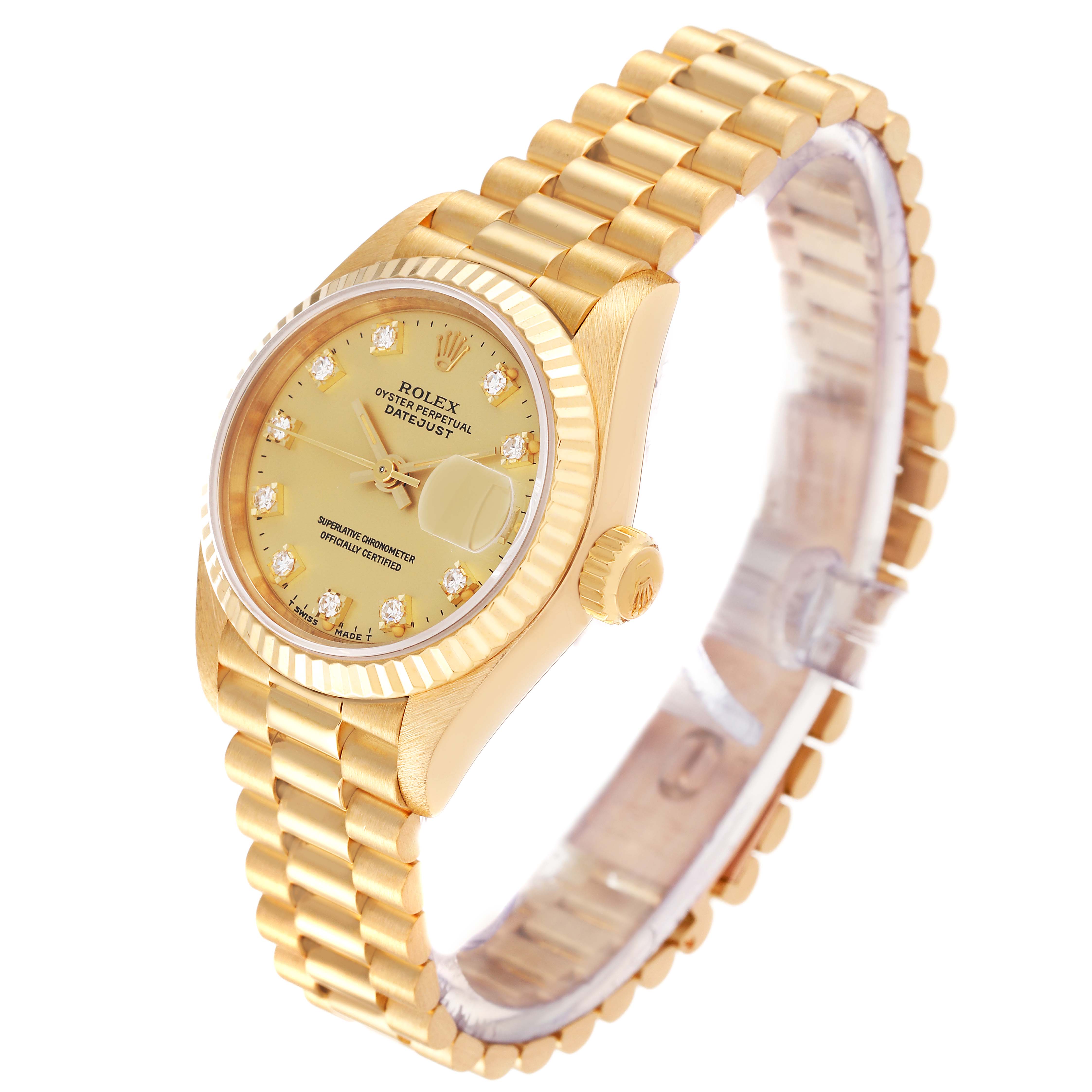The image displays a Rolex President 69178 Women's Yellow Gold Champagne Dial 69178 Women's Yellow Gold Champagne Dial model watch from an oblique angle, showing the dial, bezel, crown, and bracelet.