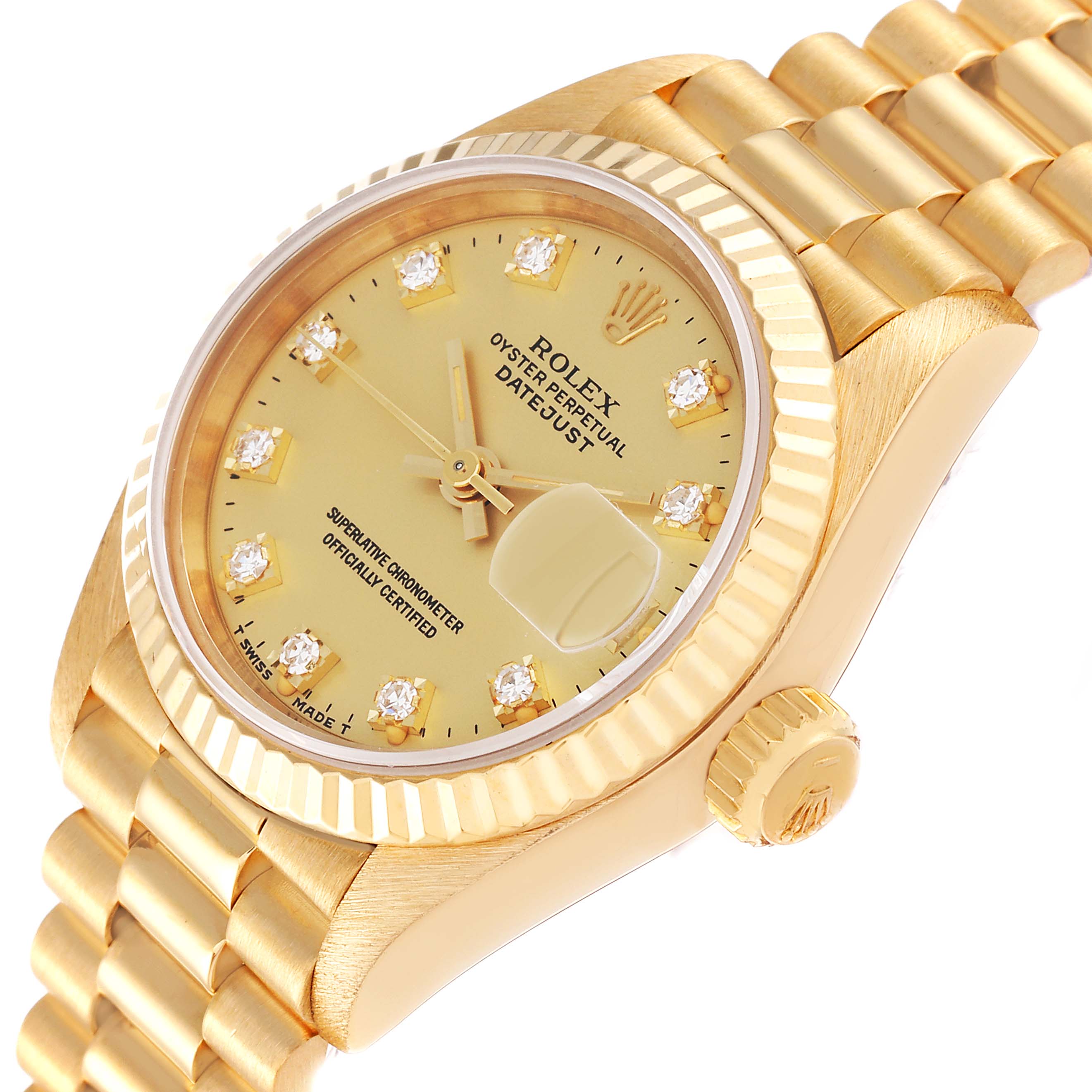 The image shows a close-up angle of a gold Rolex President 69178 Women's Yellow Gold Champagne Dial 69178 Women's Yellow Gold Champagne Dial model watch, highlighting the dial, crown, and part of the bracelet.