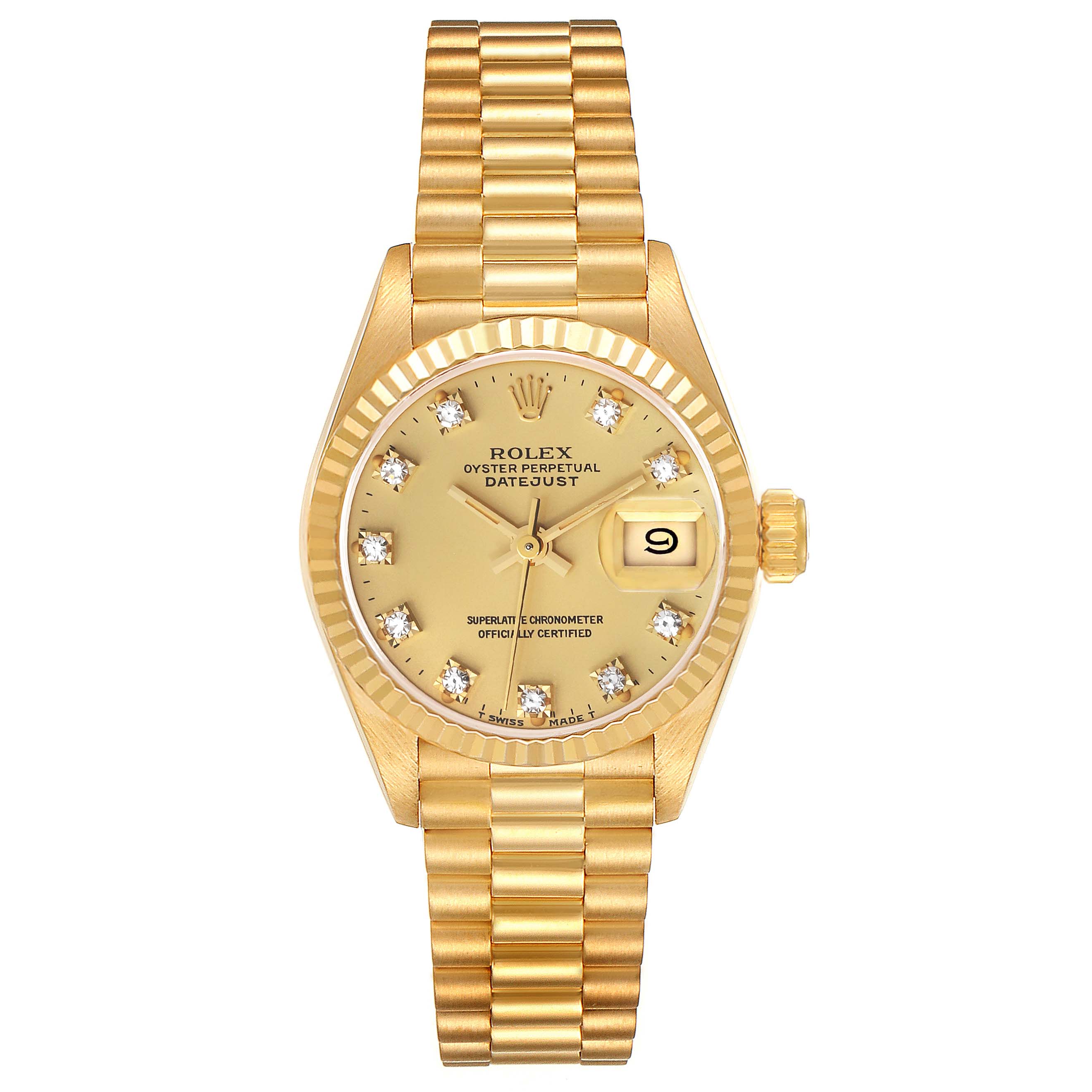This is a front view of the Rolex President 69178 Women's Yellow Gold Champagne Dial 69178 Women's Yellow Gold Champagne Dial Datejust watch, showing the watch face, bezel, and band.