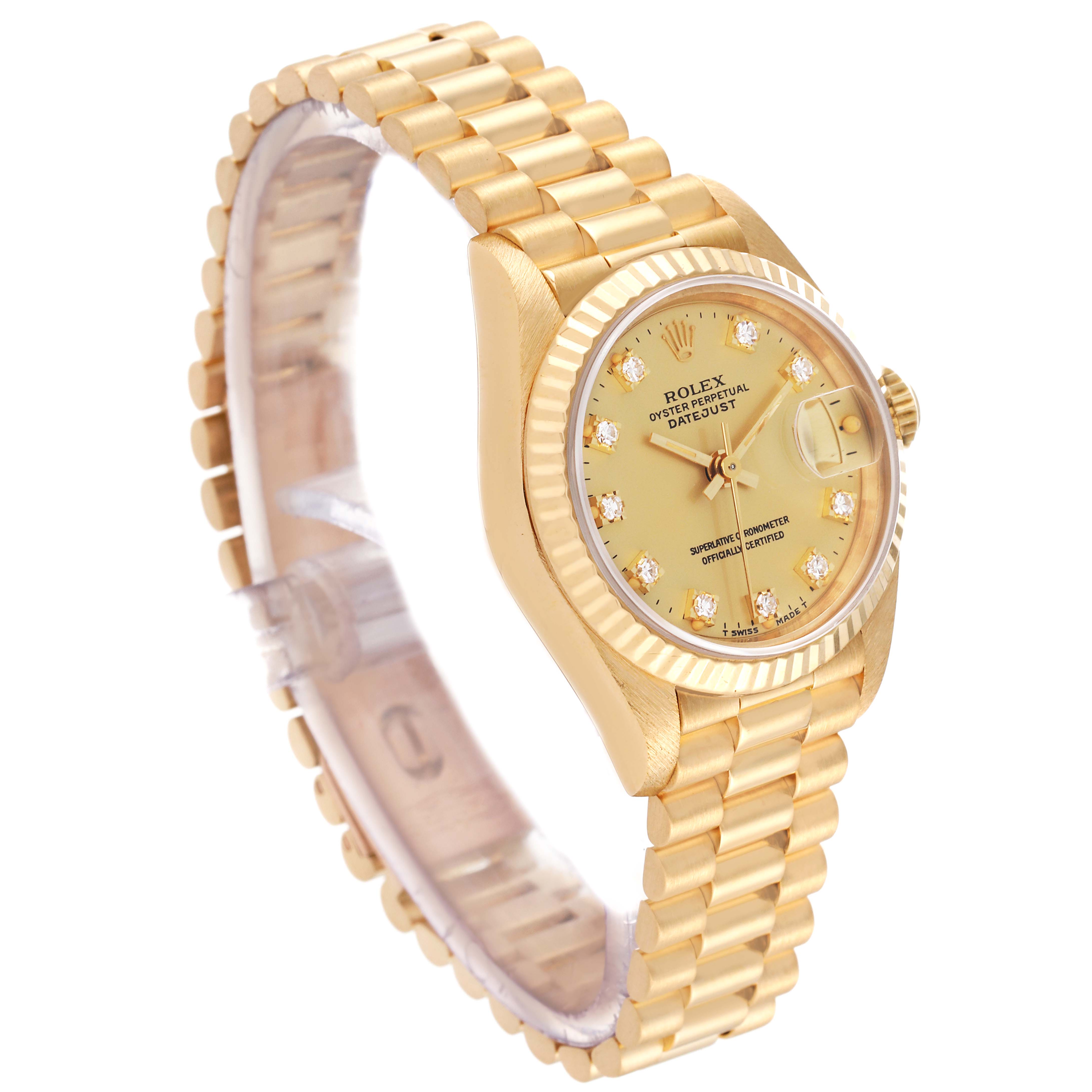 The Rolex President 69178 Women's Yellow Gold Champagne Dial 69178 Women's Yellow Gold Champagne Dial model watch is shown at an oblique angle, highlighting the dial, bezel, and bracelet.