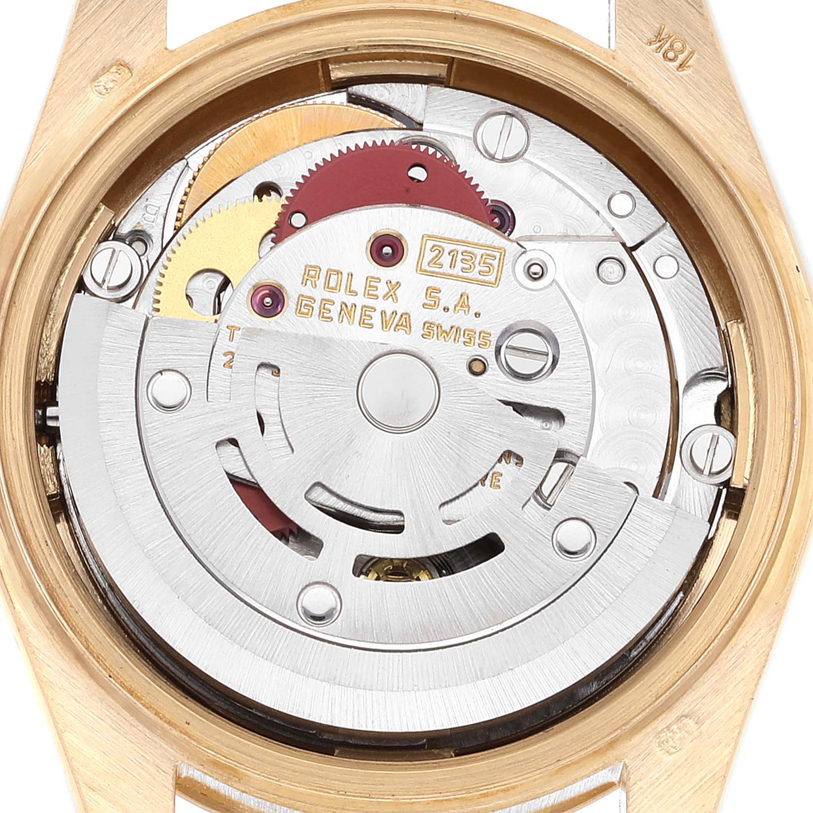 This image shows the inner mechanism of a Rolex President 69178 Women's Yellow Gold Champagne Dial 69178 Women's Yellow Gold Champagne Dial model watch from a macro perspective.
