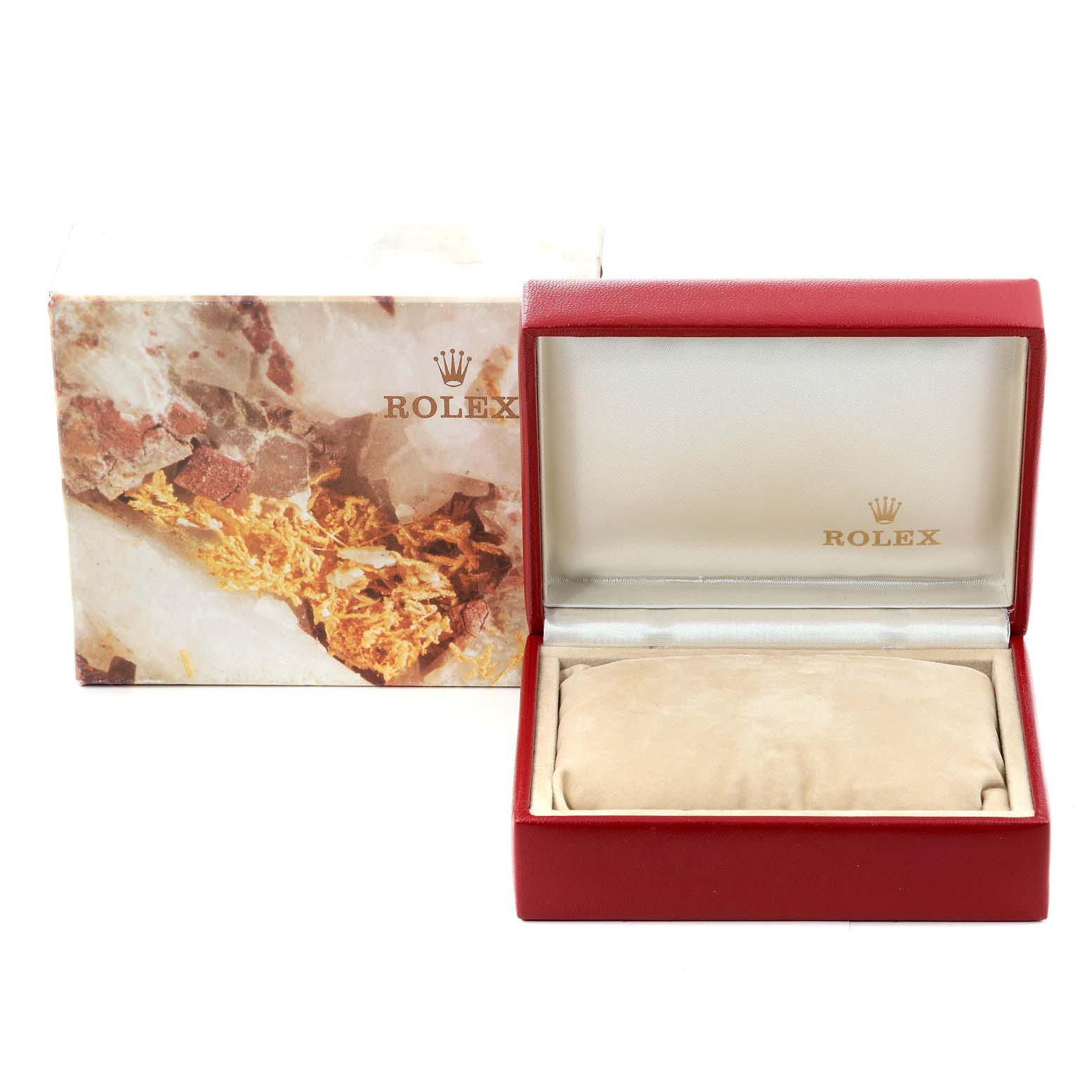 This image shows the packaging for the Rolex President 69178 Women's Yellow Gold Champagne Dial 69178 Women's Yellow Gold Champagne Dial model watch, including the outer box and opened inner case.