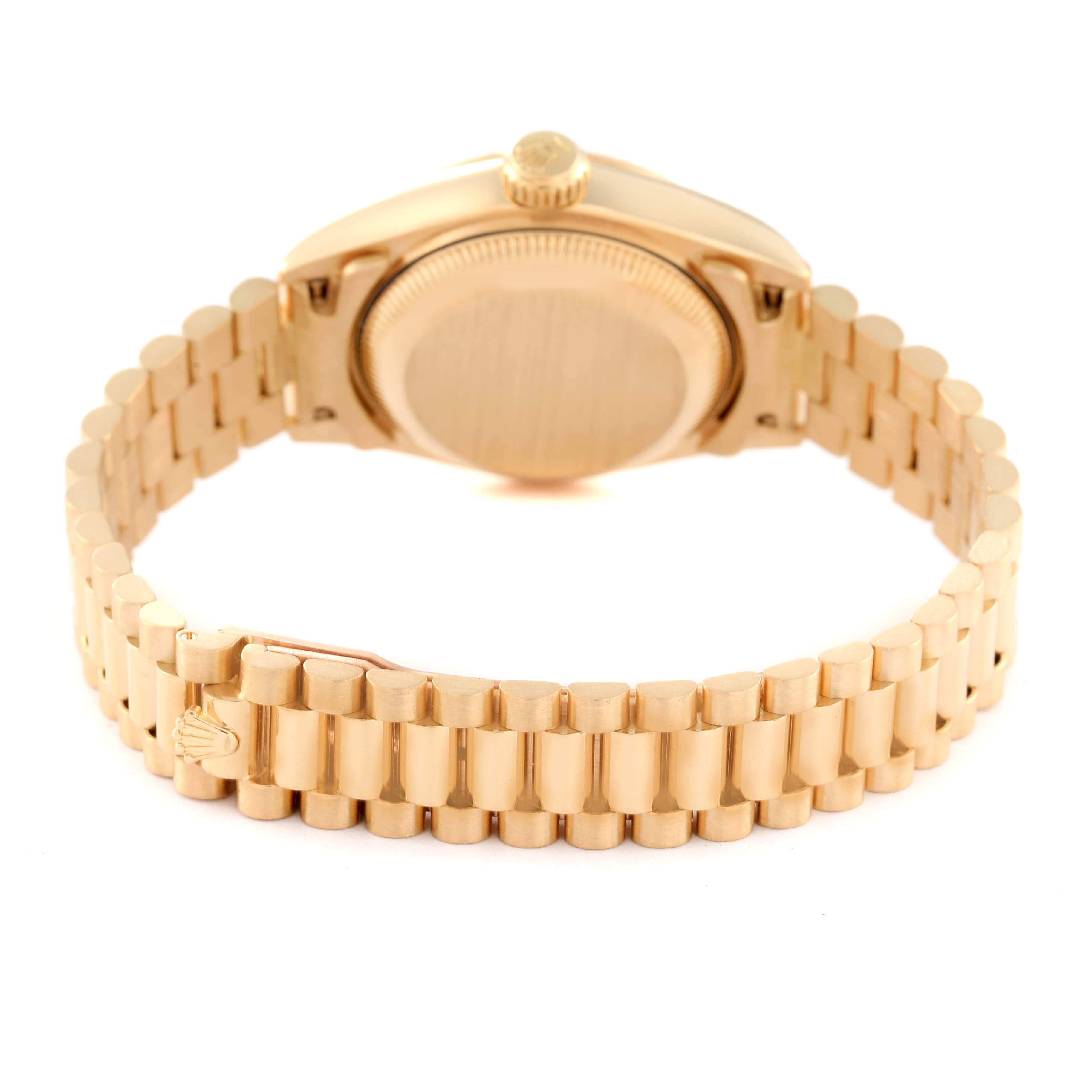 The image shows the back view of a Rolex President 69178 Women's Yellow Gold Champagne Dial 69178 Women's Yellow Gold Champagne Dial watch, highlighting its gold bracelet and case back.