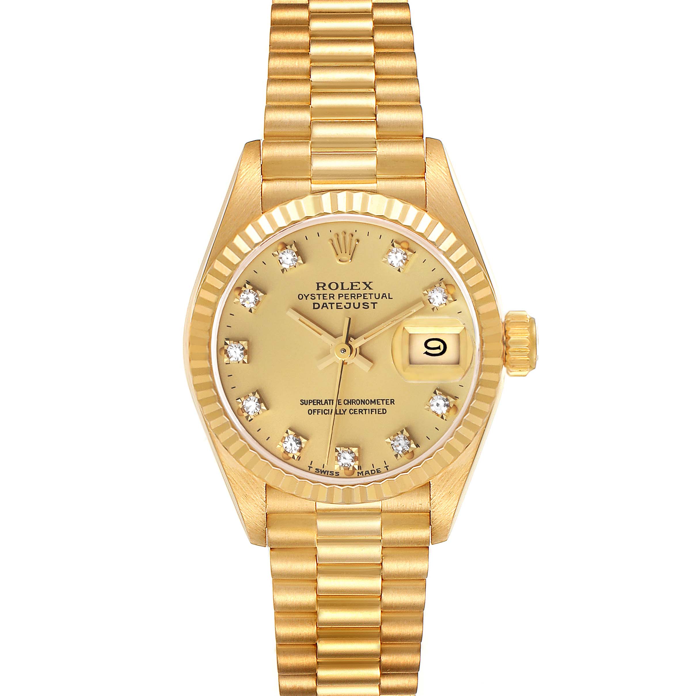 The image shows the face and bracelet of a Rolex President 69178 Women's Yellow Gold Champagne Dial 69178 Women's Yellow Gold Champagne Dial model, displaying the time, date, and branding details.