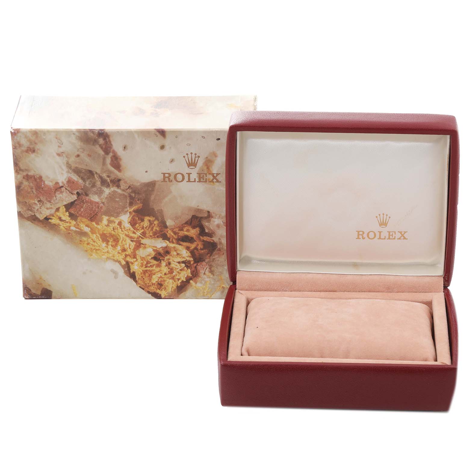 This image shows a Rolex President 69178 Women's Yellow Gold Champagne Dial 69178 Women's Yellow Gold Champagne Dial watch's open box and outer packaging from a frontal angle.