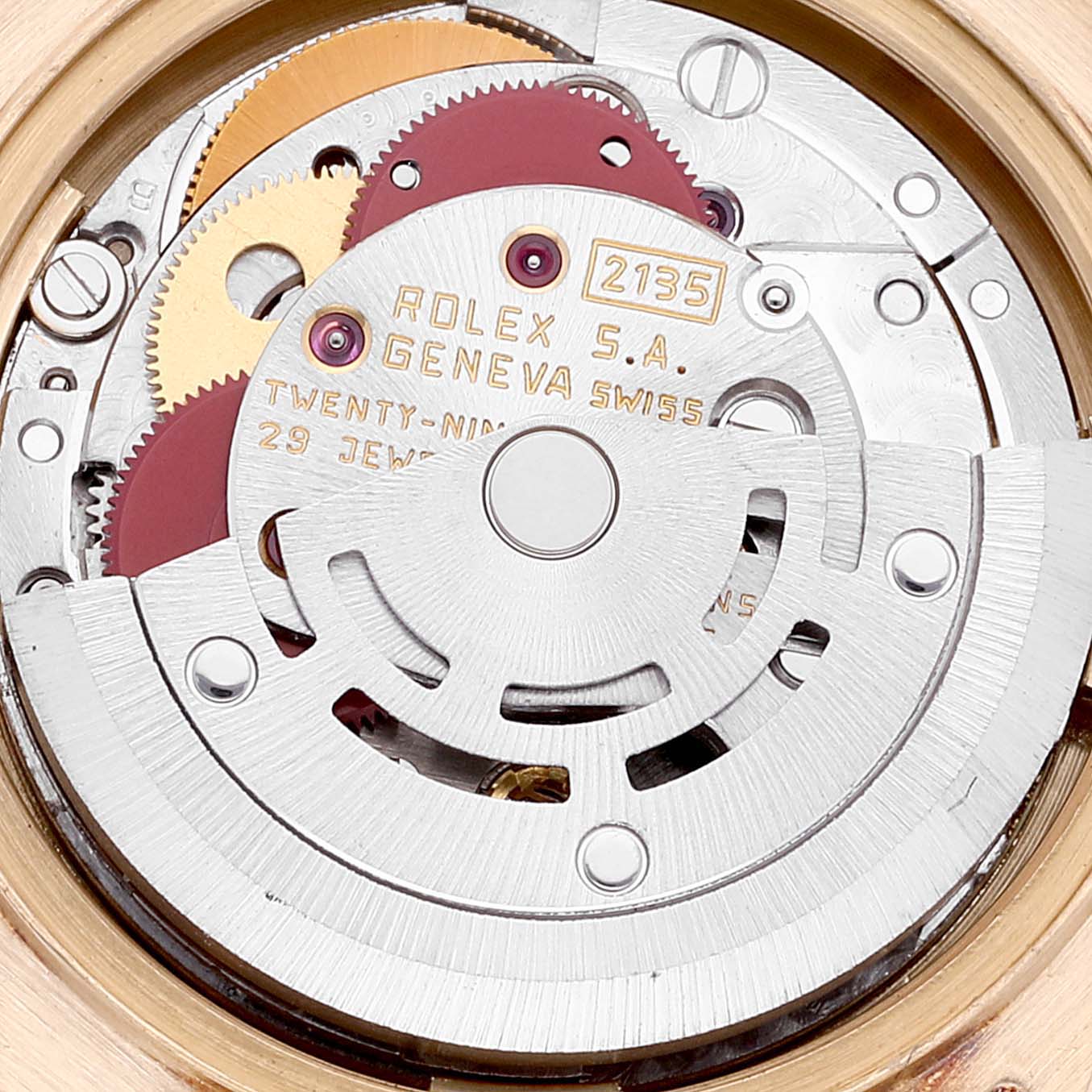 This image shows the inner mechanism of a Rolex President 69178 Women's Yellow Gold Champagne Dial 69178 Women's Yellow Gold Champagne Dial model watch, viewed from the backside.