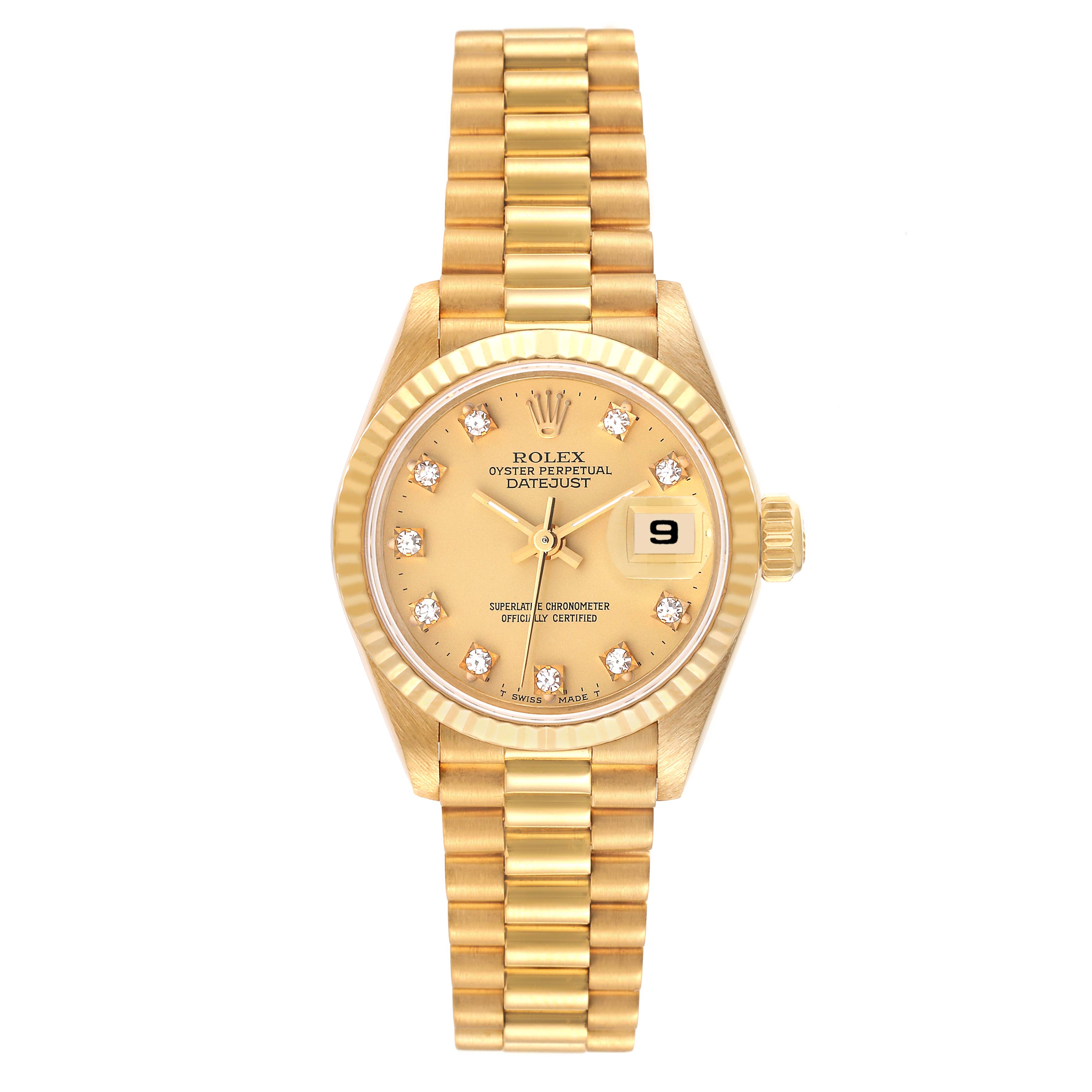 This image shows a front view of a Rolex President 69178 Women's Yellow Gold Champagne Dial 69178 Women's Yellow Gold Champagne Dial model watch, displaying its face, bezel, crown, and bracelet.