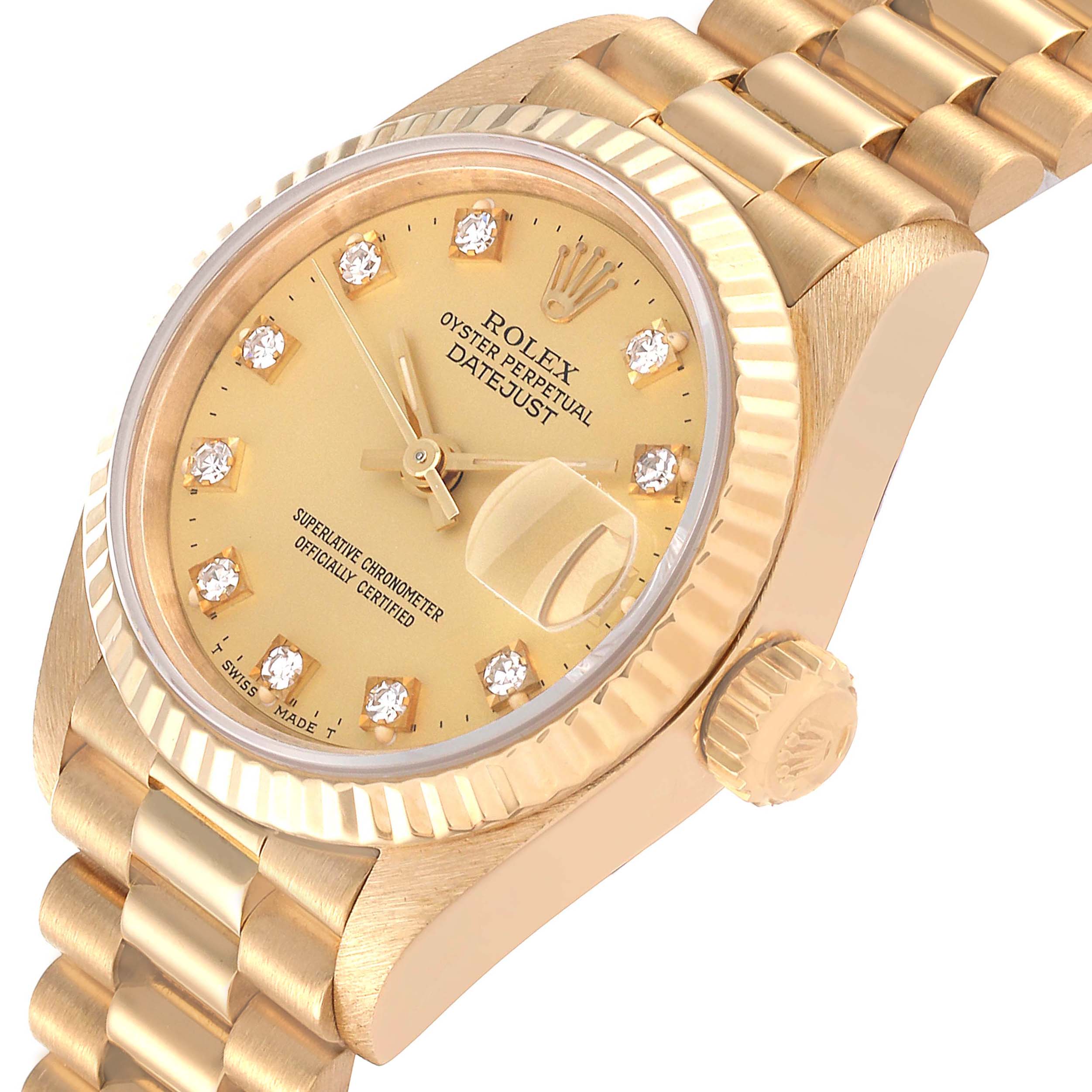 The image shows a close-up of the face, bezel, and part of the bracelet of a Rolex President 69178 Women's Yellow Gold Champagne Dial 69178 Women's Yellow Gold Champagne Dial model watch.
