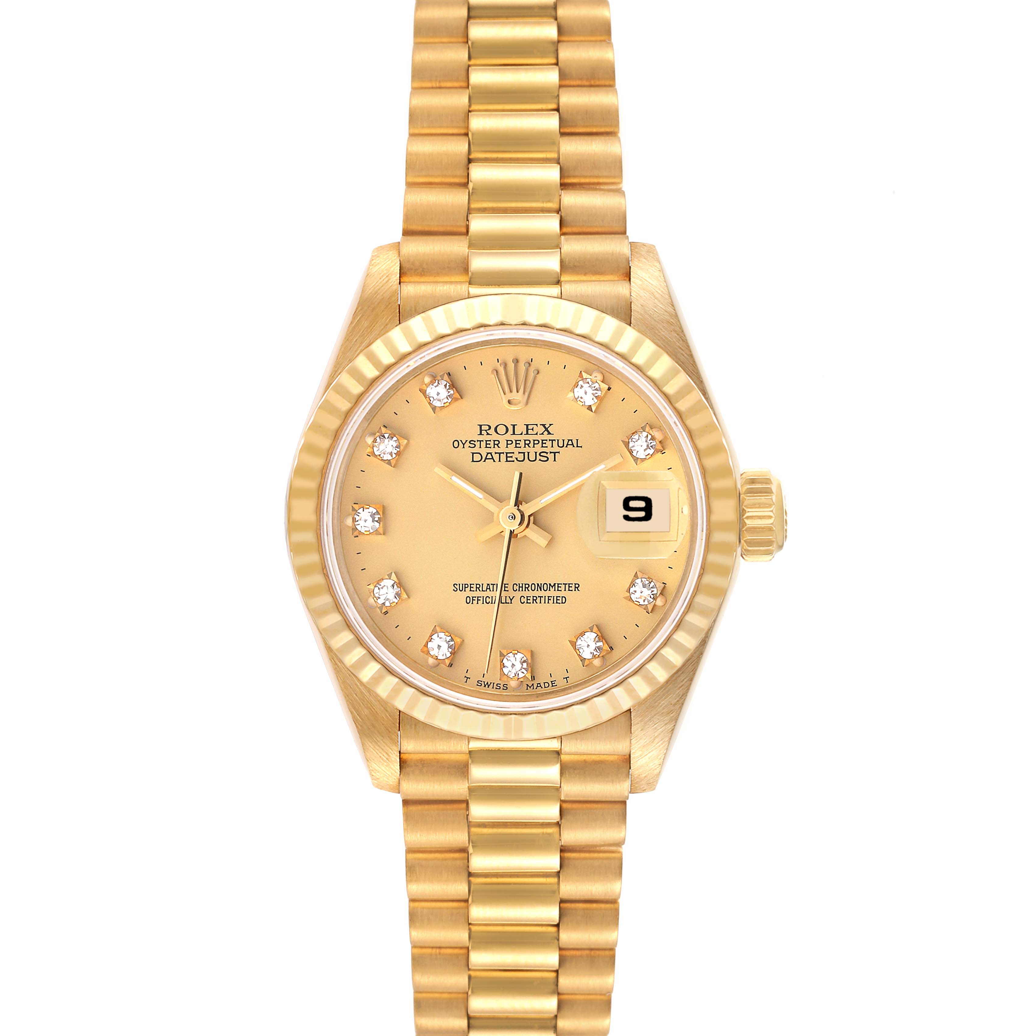The image shows a Rolex President 69178 Women's Yellow Gold Champagne Dial 69178 Women's Yellow Gold Champagne Dial model watch from the front, displaying the dial, case, bracelet, and date window.
