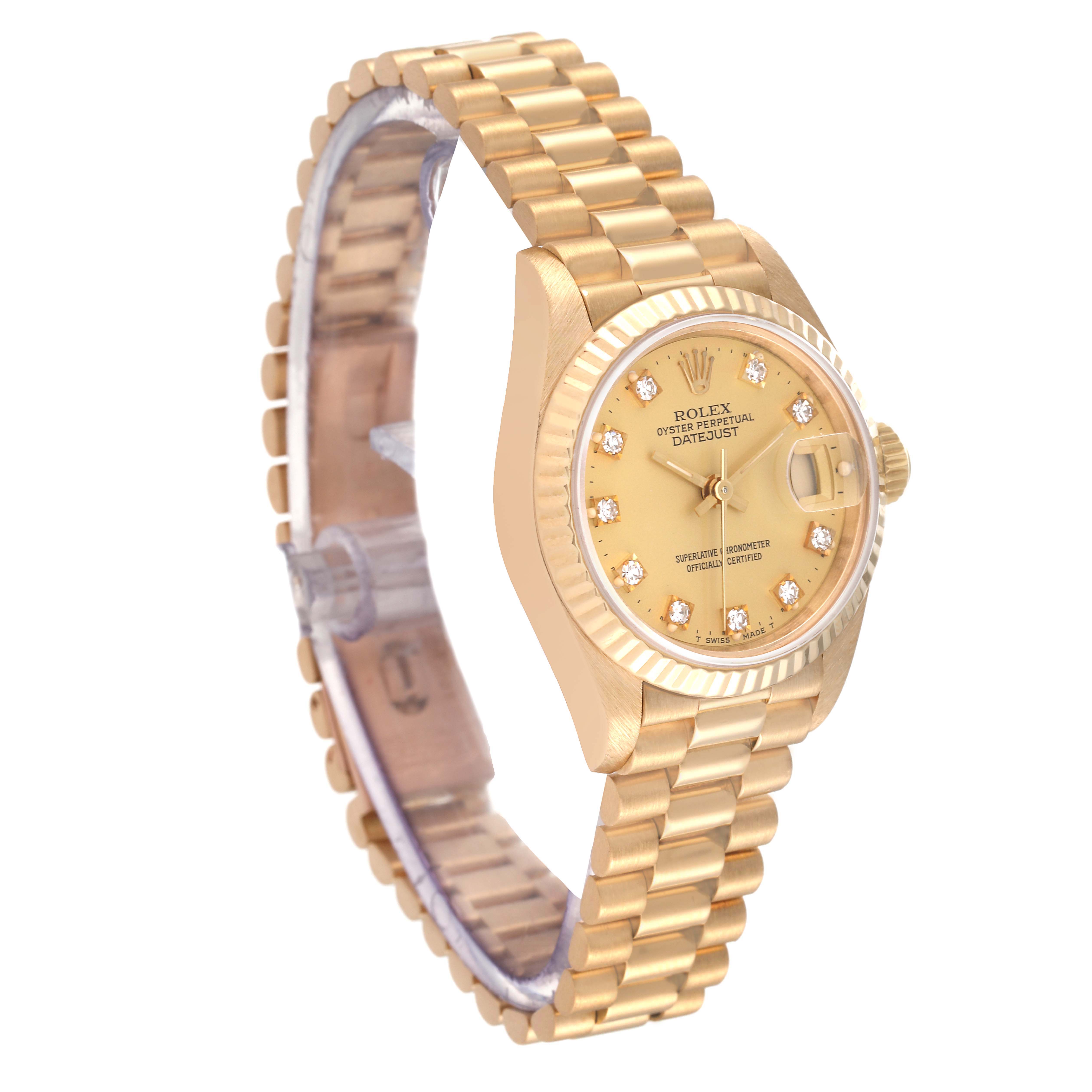 This image shows the Rolex President 69178 Women's Yellow Gold Champagne Dial 69178 Women's Yellow Gold Champagne Dial model watch at an oblique angle, highlighting its gold bracelet, dial, and bezel.