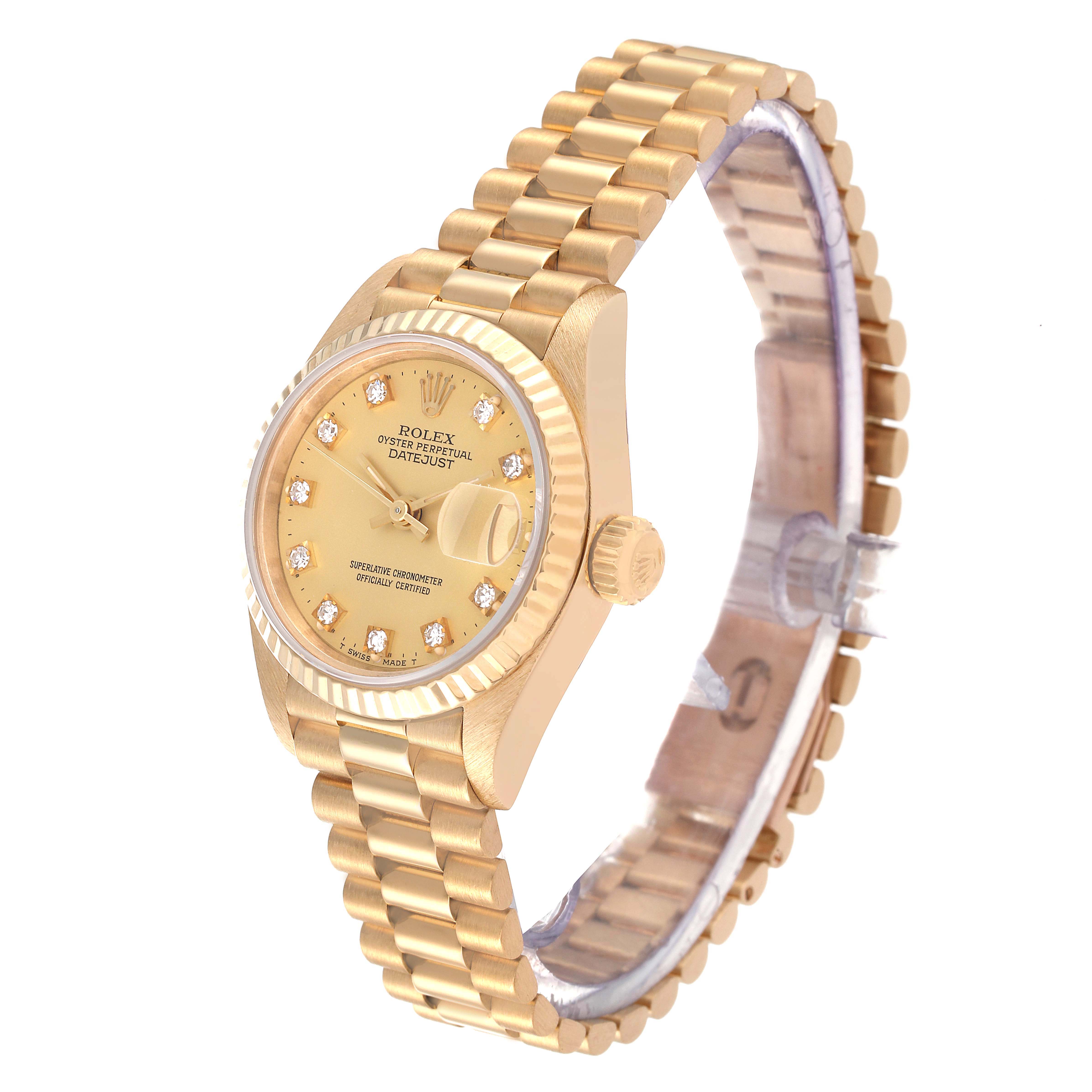 The Rolex President 69178 Women's Yellow Gold Champagne Dial 69178 Women's Yellow Gold Champagne Dial model watch is shown at a three-quarter angle, highlighting its gold dial, bezel, and bracelet.