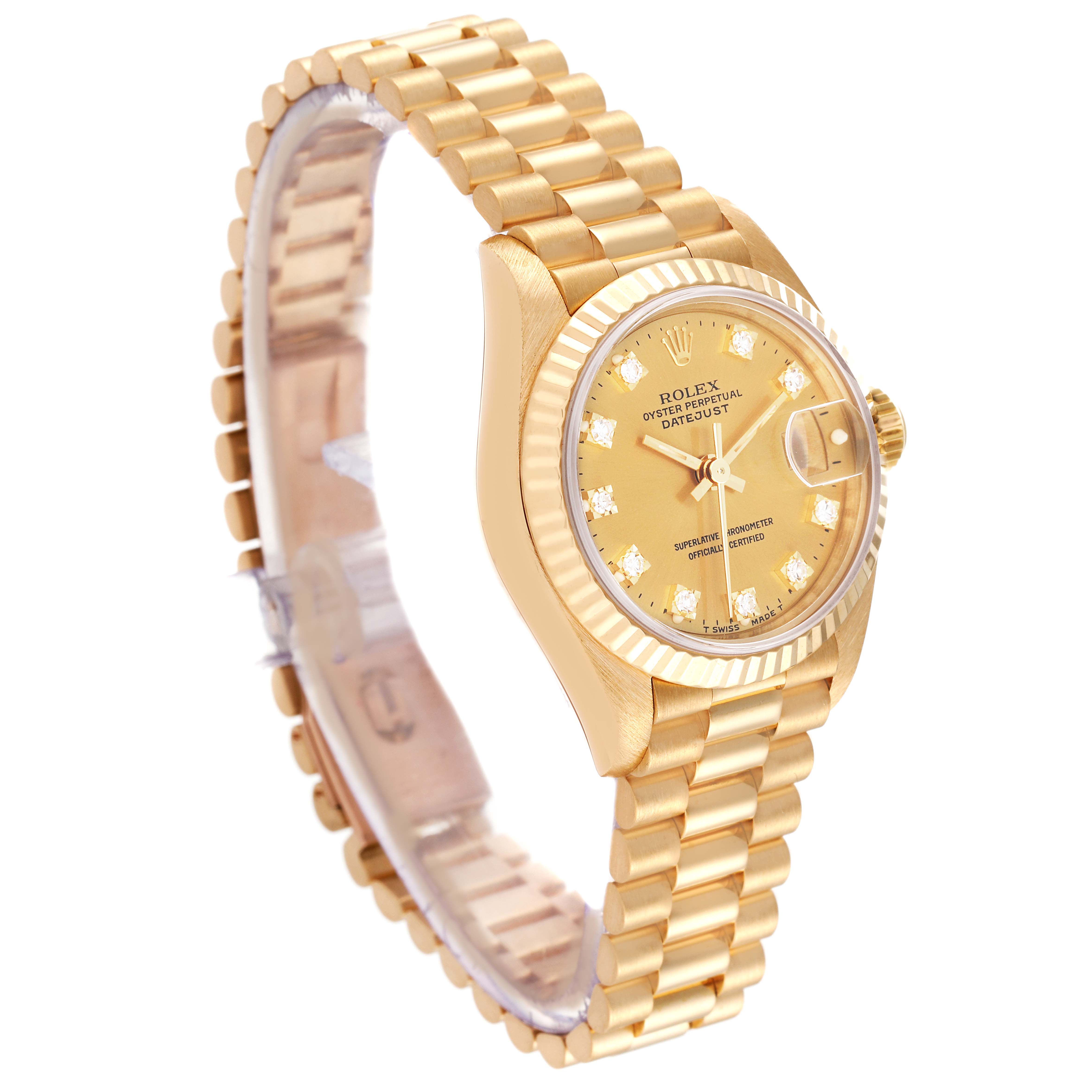 The image showcases a Rolex President 69178 Women's Yellow Gold Champagne Dial 69178 Women's Yellow Gold Champagne Dial model watch, viewed from a front-side angle, highlighting the gold bracelet and dial.