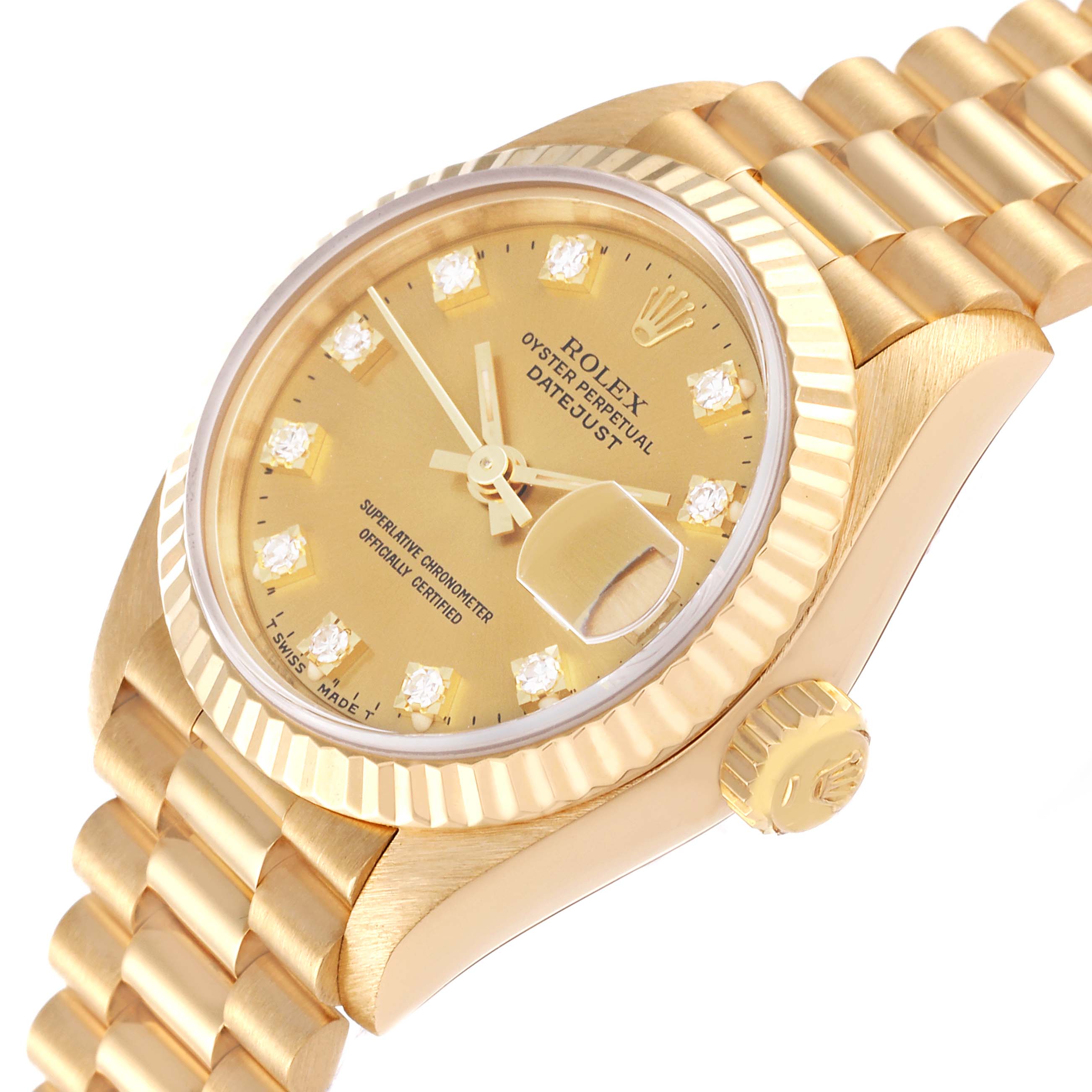 The image of the Rolex President 69178 Women's Yellow Gold Champagne Dial 69178 Women's Yellow Gold Champagne Dial model watch is shown at a slight angle, displaying its gold dial, diamond hour markers, and fluted bezel.