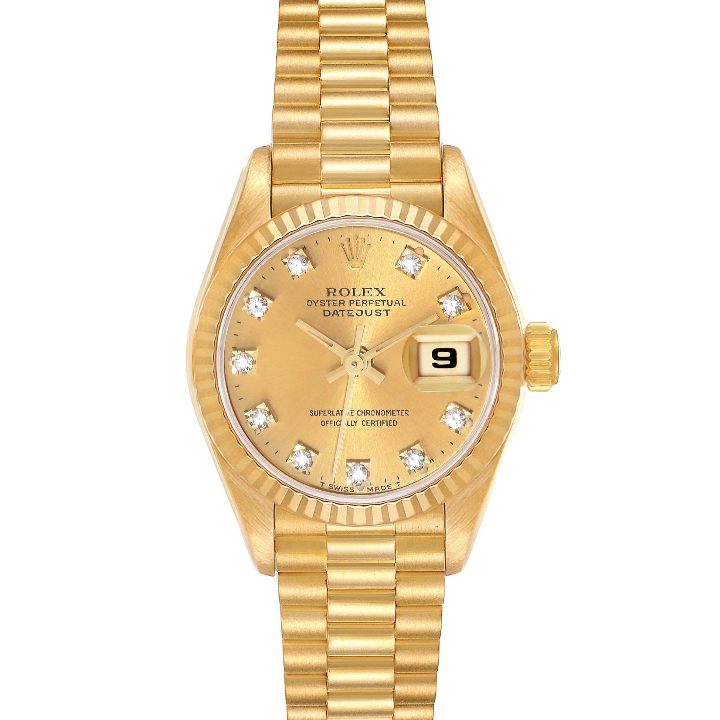 The image shows a Rolex President 69178 Women's Yellow Gold Champagne Dial 69178 Women's Yellow Gold Champagne Dial model watch from the front, highlighting the dial, bezel, bracelet, and date window.