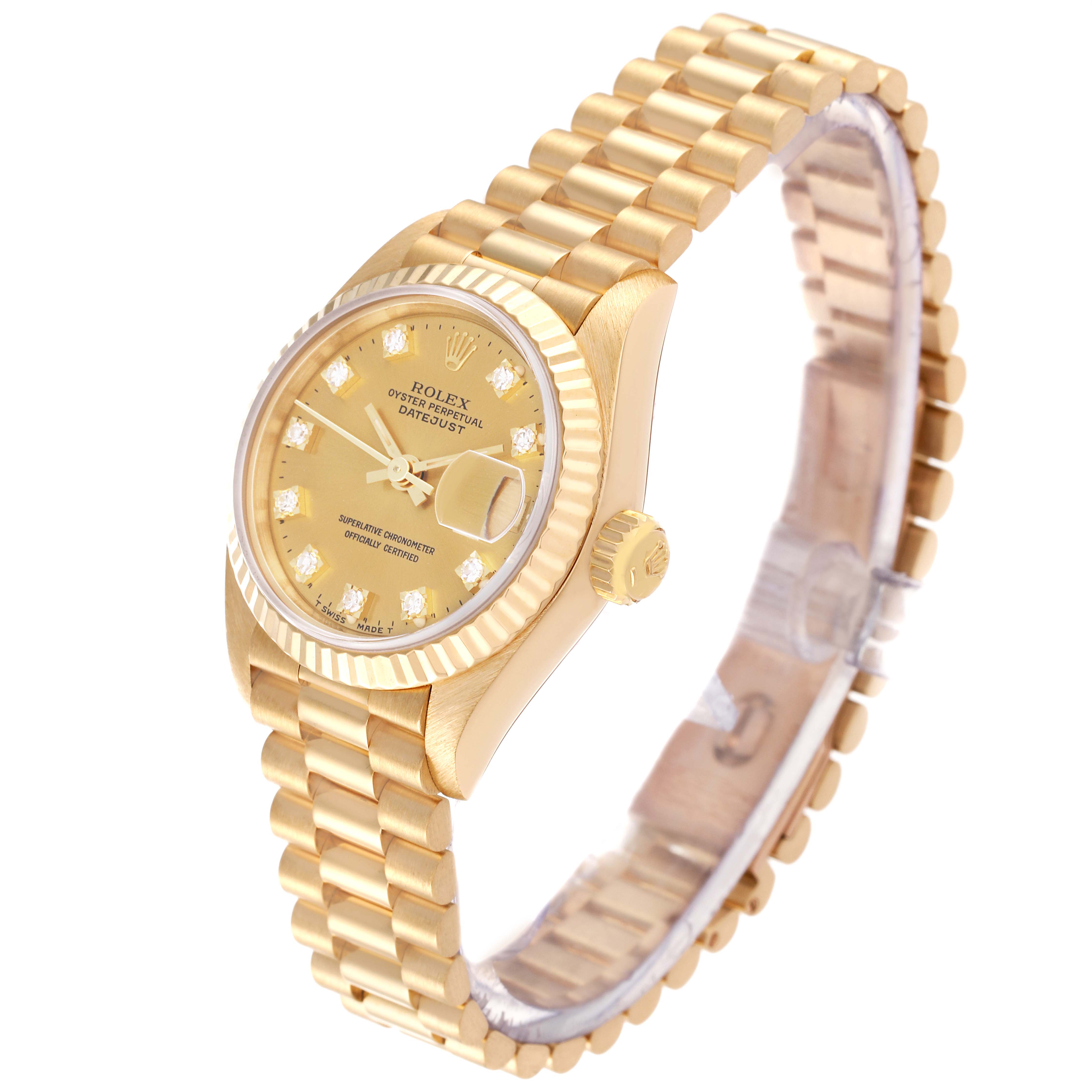 This image shows the Rolex President 69178 Women's Yellow Gold Champagne Dial 69178 Women's Yellow Gold Champagne Dial model watch at an oblique angle, highlighting the dial, bezel, crown, and bracelet.
