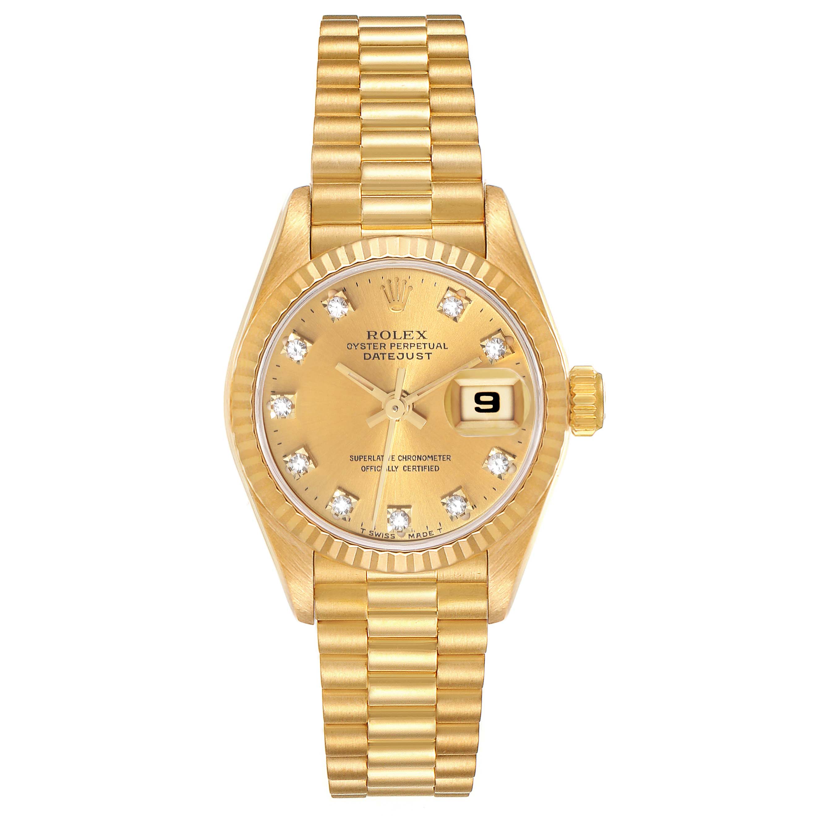 This image shows a front view of a Rolex President 69178 Women's Yellow Gold Champagne Dial 69178 Women's Yellow Gold Champagne Dial model watch displaying its dial, bezel, and bracelet.