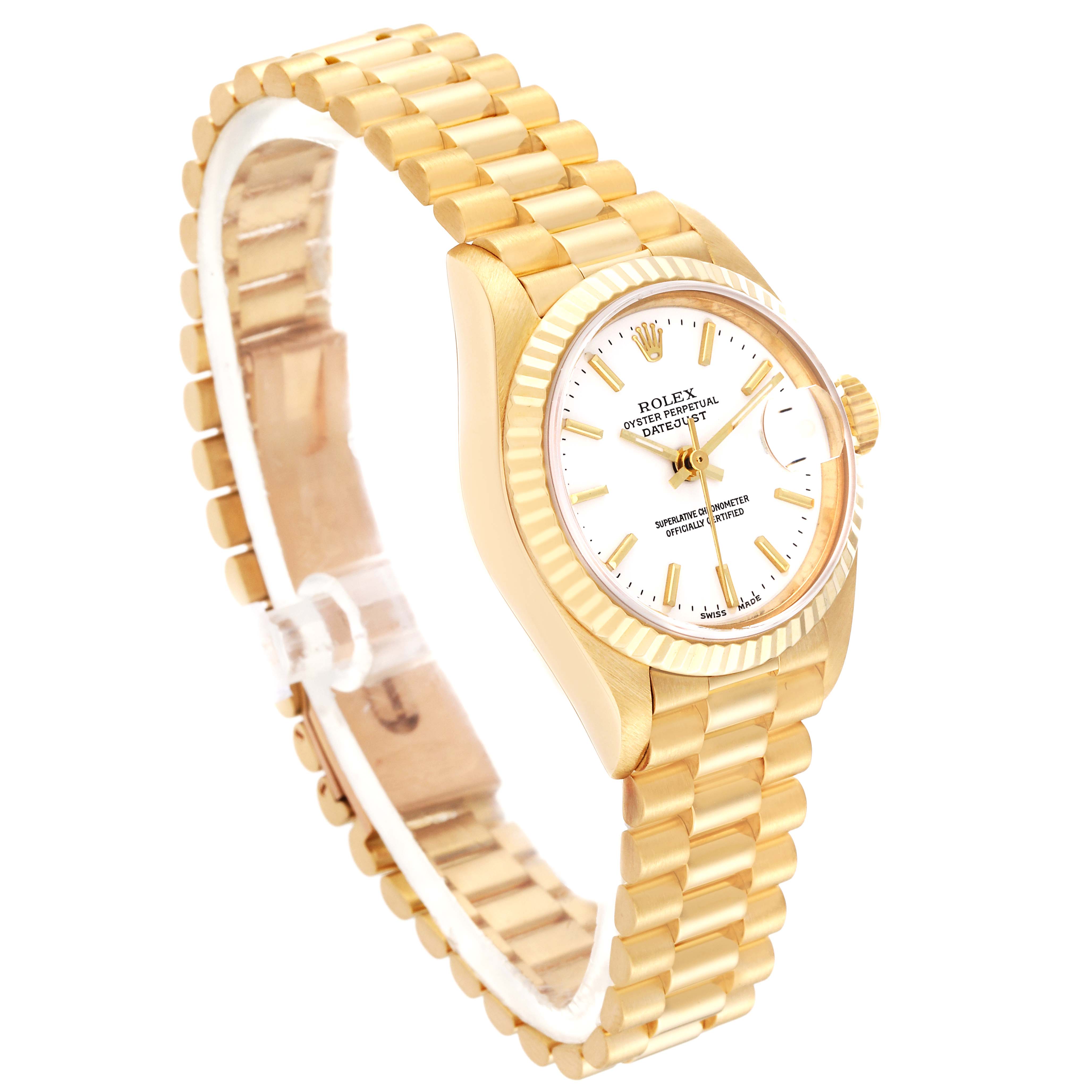 The image shows a Rolex President 69178 Women's Yellow Gold White Dial 69178 Women's Yellow Gold White Dial model watch at a three-quarter angle, highlighting its gold band, crown, and face with a white dial.