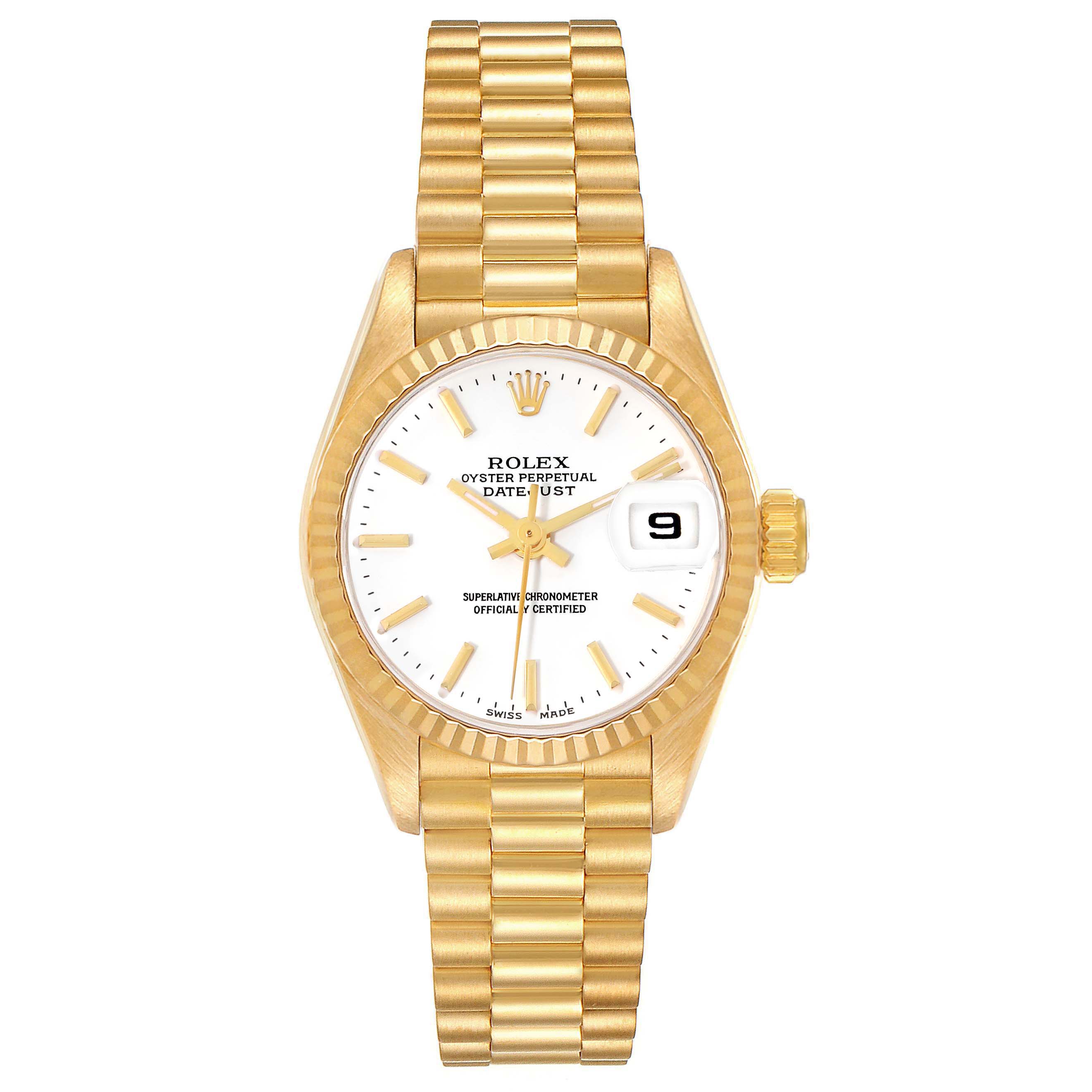 This image shows a Rolex President 69178 Women's Yellow Gold White Dial 69178 Women's Yellow Gold White Dial model watch from a front angle, displaying the bracelet, dial, hands, crown, and date window.