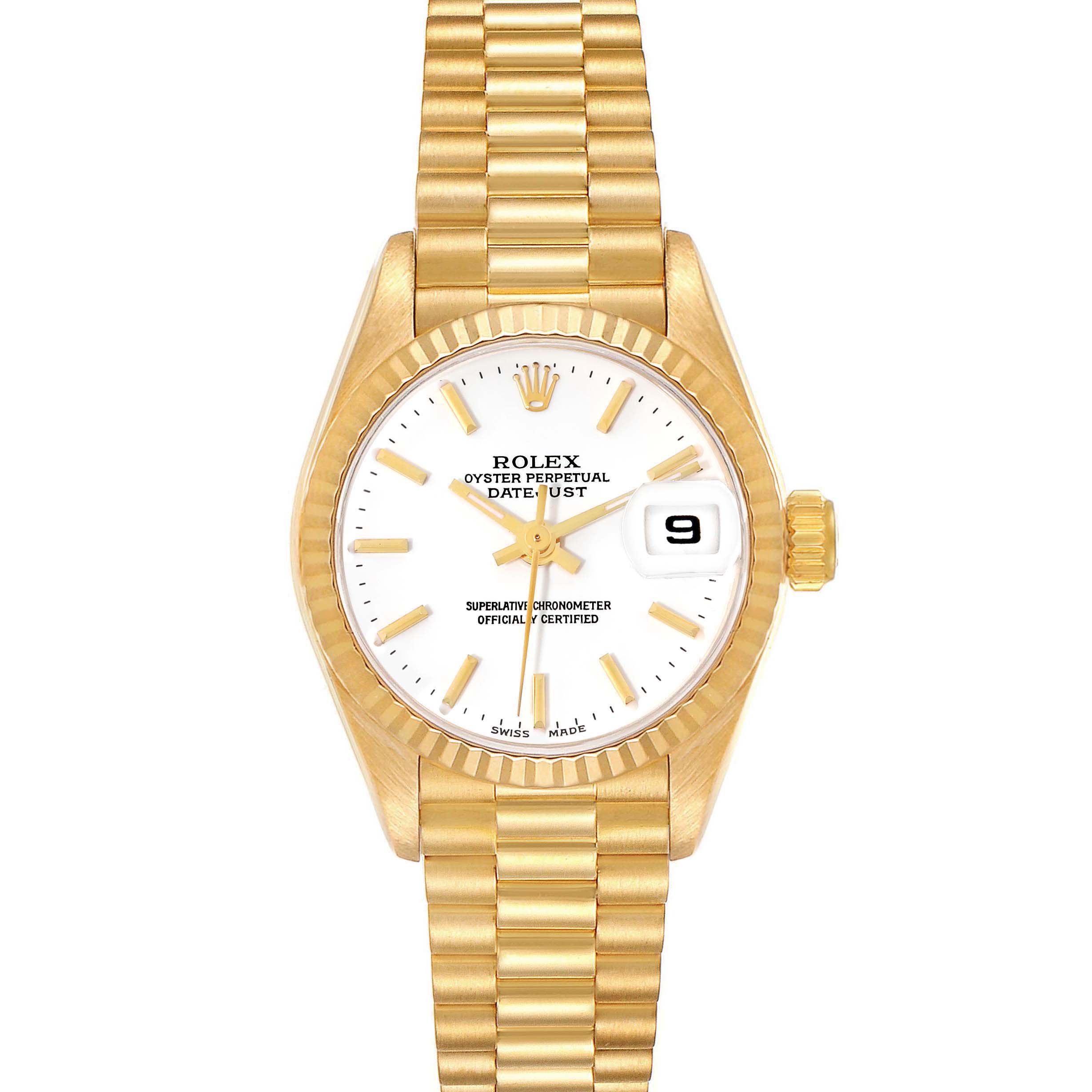 The image shows a front view of a Rolex President 69178 Women's Yellow Gold White Dial 69178 Women's Yellow Gold White Dial model watch, displaying the face, bezel, crown, and bracelet.