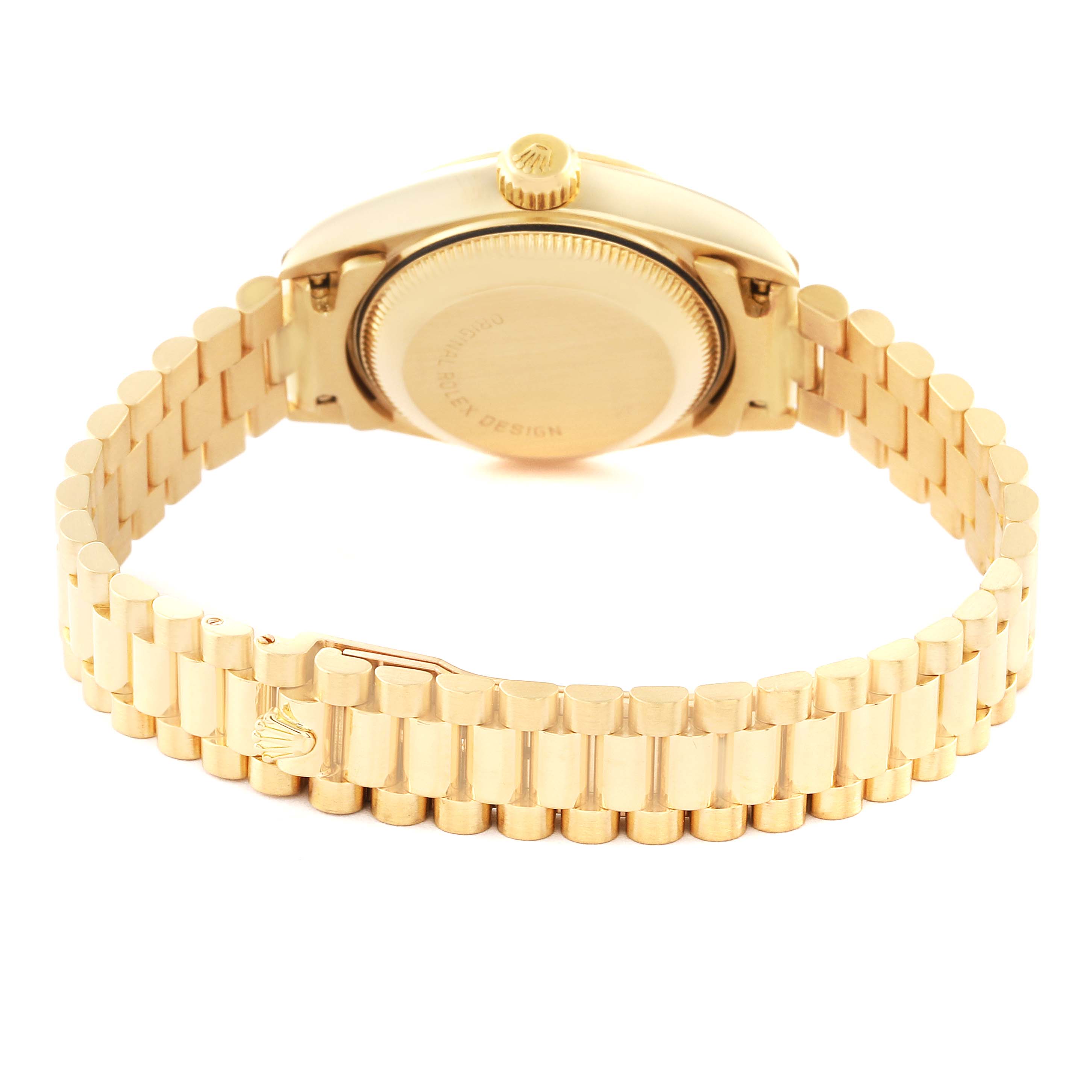 The image shows the backside and bracelet of the Rolex President 69178 Women's Yellow Gold White Dial 69178 Women's Yellow Gold White Dial model watch.