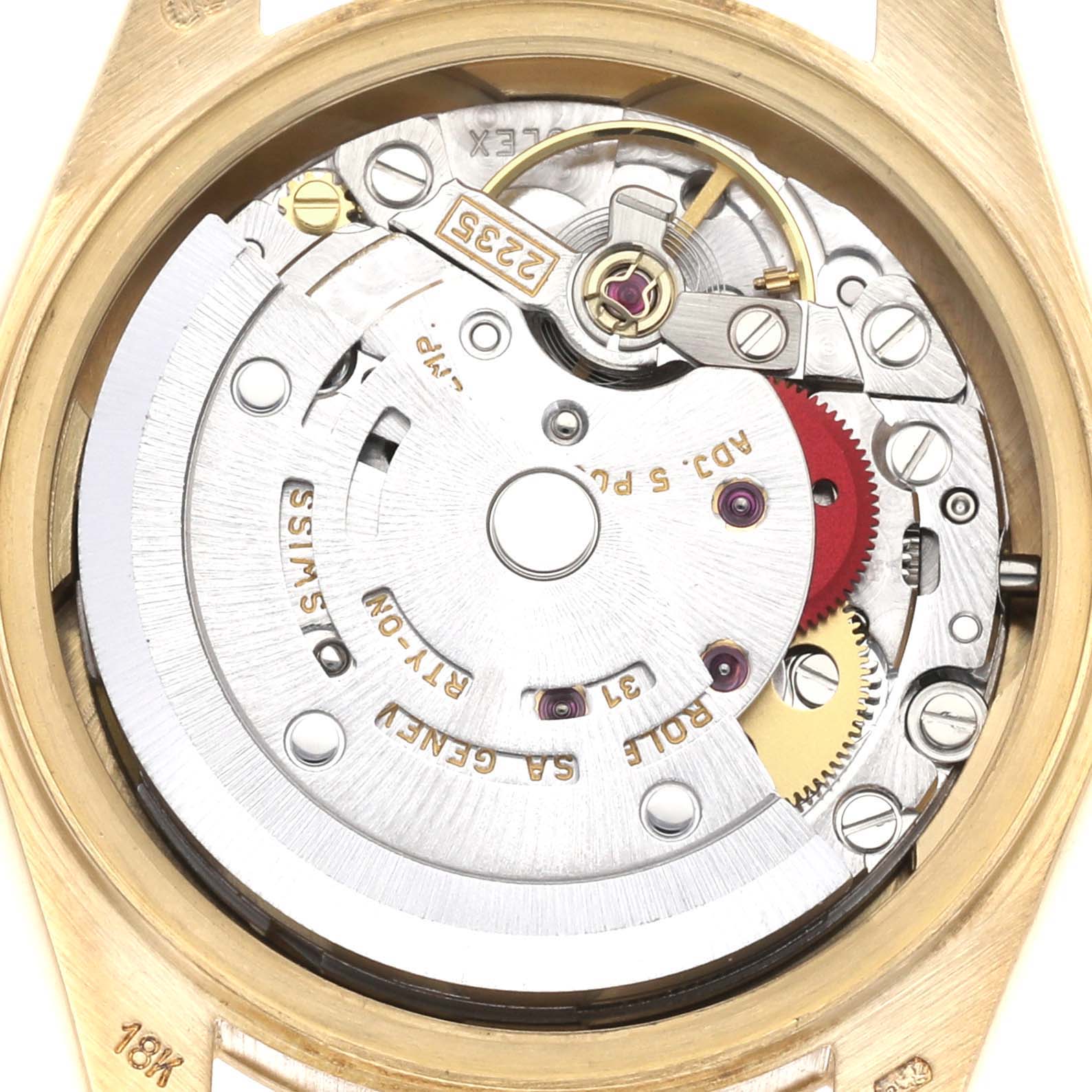 This image shows the internal movement mechanism of a Rolex President 69178 Women's Yellow Gold White Dial 69178 Women's Yellow Gold White Dial model watch.