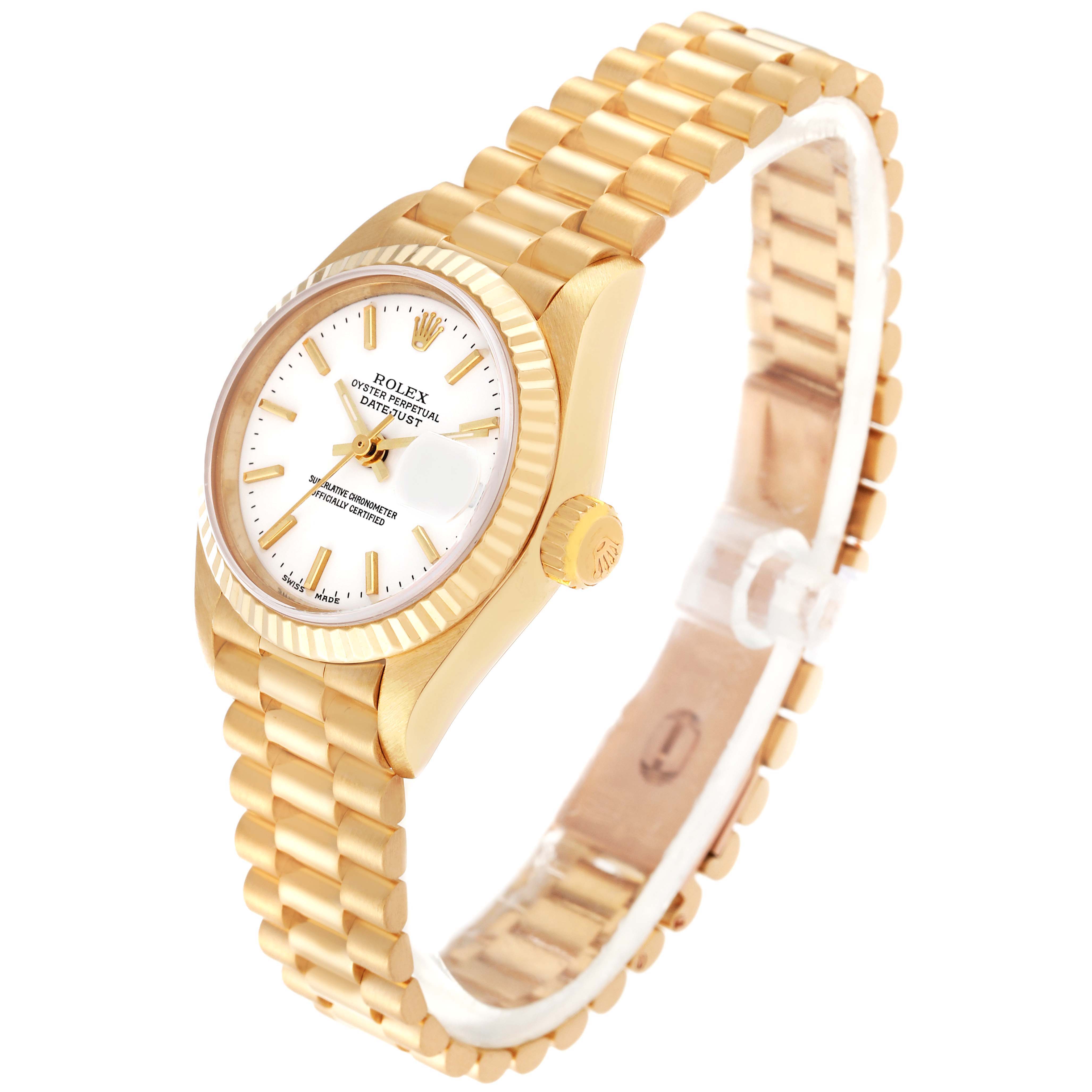 The image shows a Rolex President 69178 Women's Yellow Gold White Dial 69178 Women's Yellow Gold White Dial model watch at an angle emphasizing its face, bezel, crown, and bracelet.