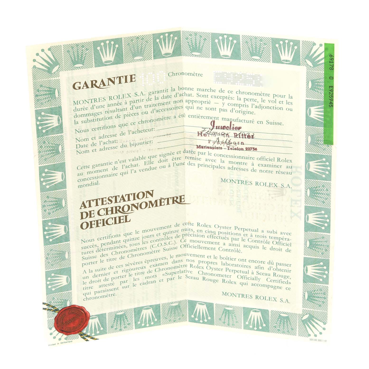 The image shows the official warranty and chronometer certification papers for a Rolex President 69178 Women's Yellow Gold White Dial 69178 Women's Yellow Gold White Dial model watch.