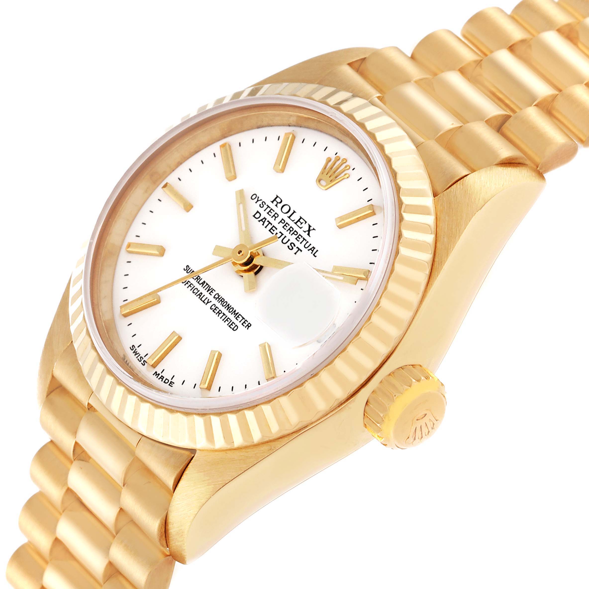 The Rolex President 69178 Women's Yellow Gold White Dial 69178 Women's Yellow Gold White Dial model is shown at a slight side angle, highlighting its face, bezel, crown, and bracelet.