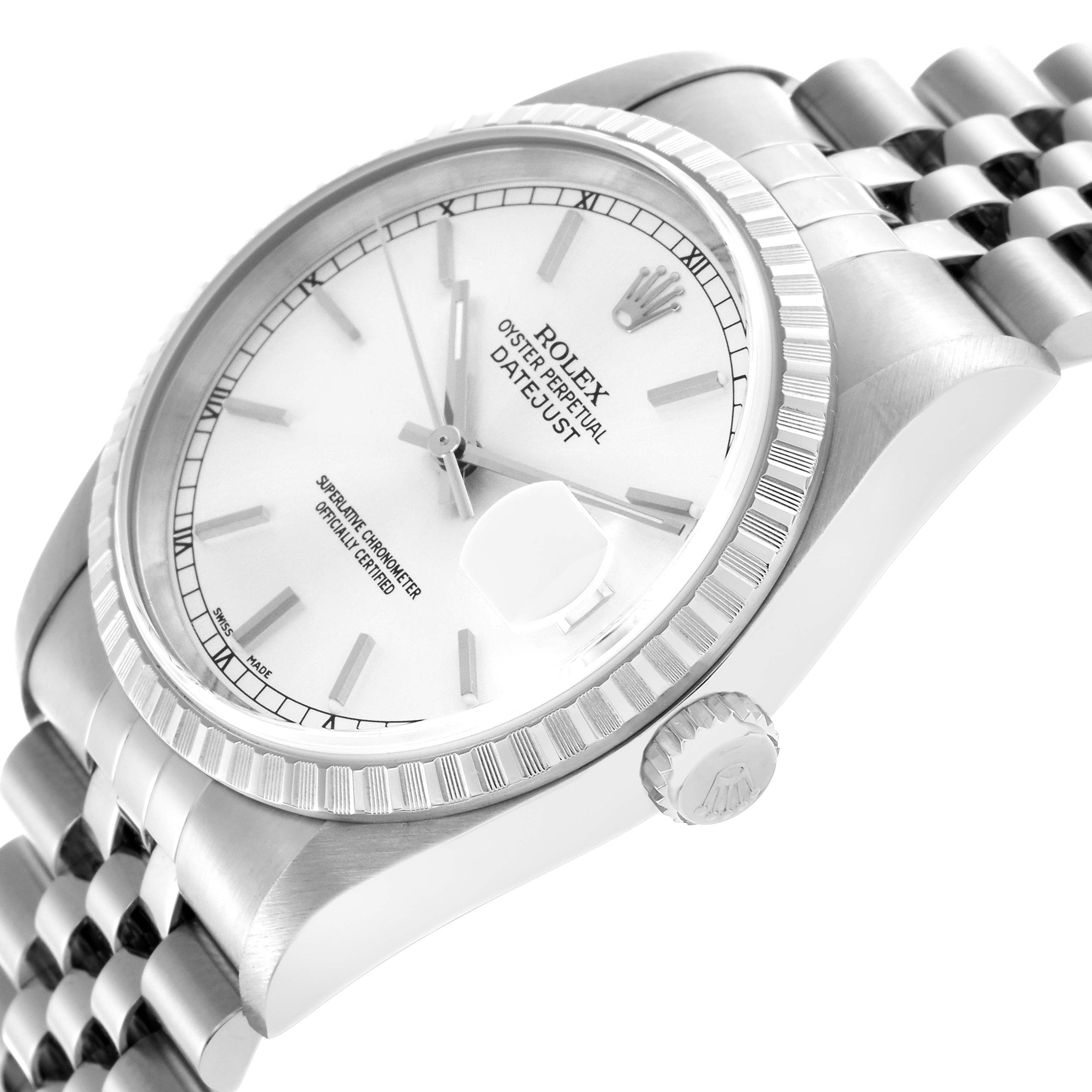 The Rolex Datejust 16220 Men
s Stainless Steel Silver Dial 16220 Men
s Stainless Steel Silver Dial watch is shown at a slight side angle, displaying the face, bezel, crown, and part of the bracelet.