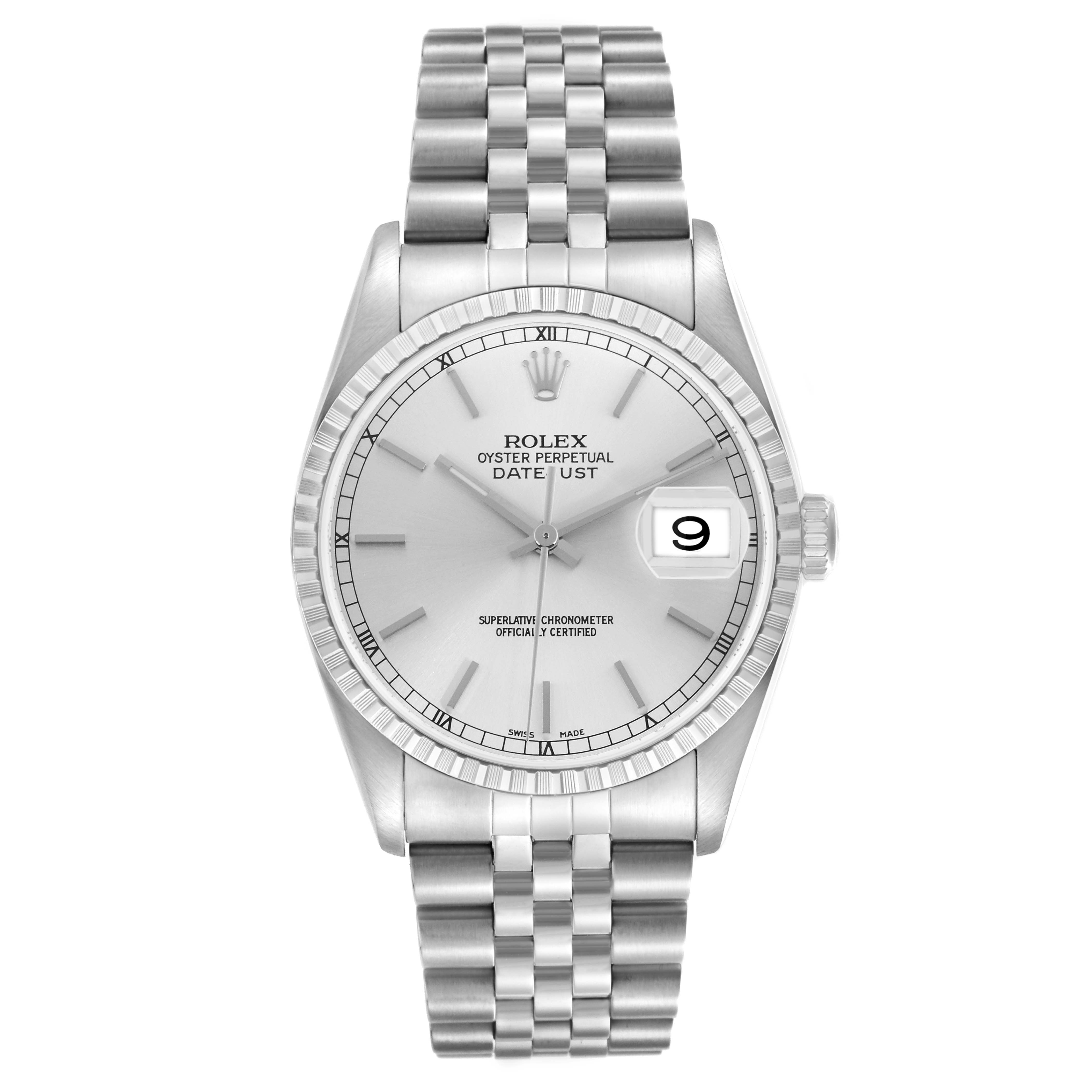 The Rolex Datejust 16220 Men
s Stainless Steel Silver Dial 16220 Men
s Stainless Steel Silver Dial watch is shown from a front angle, displaying its face, bracelet, bezel, and cyclops lens over the date.