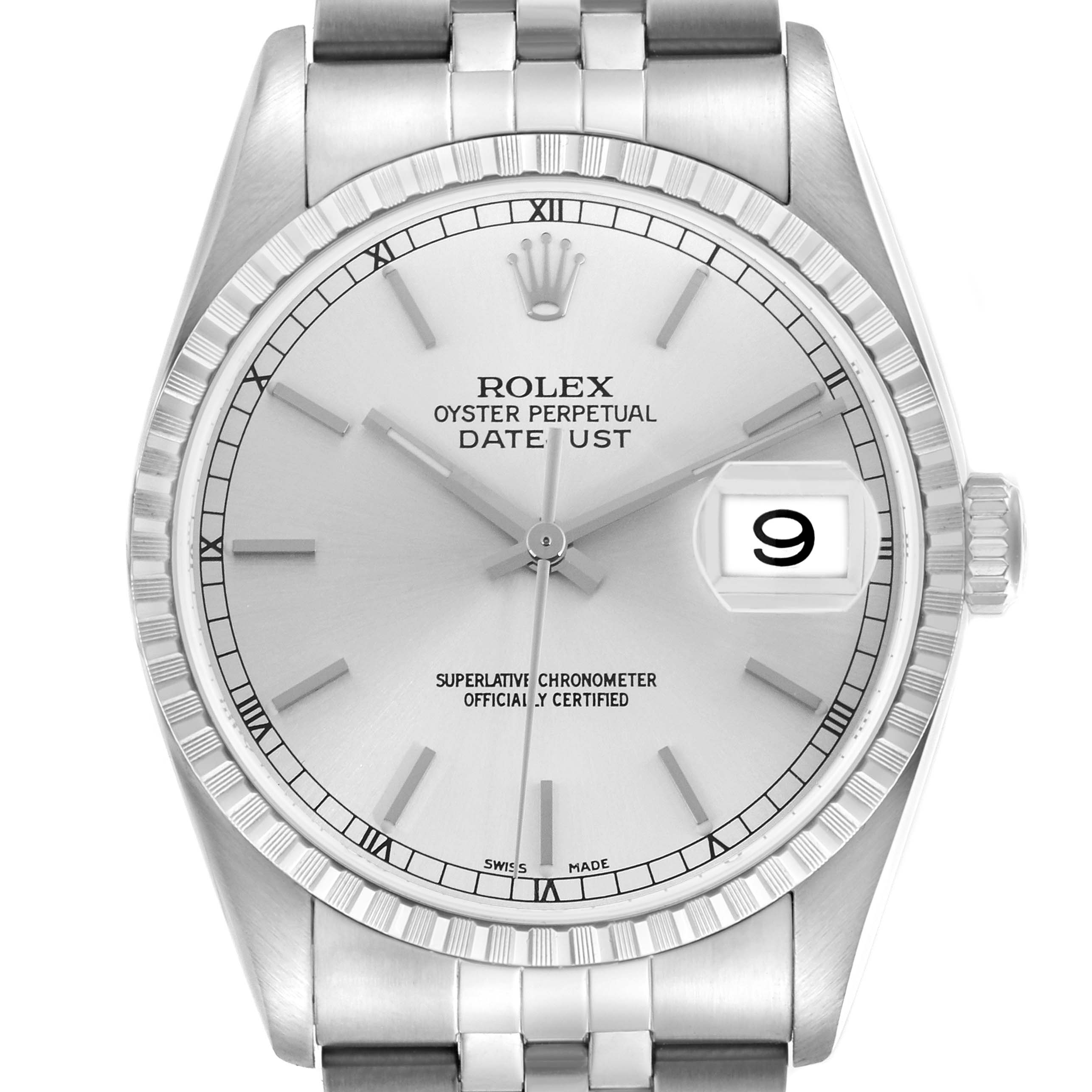 The Rolex Datejust 16220 Men
s Stainless Steel Silver Dial 16220 Men
s Stainless Steel Silver Dial is shown from a top-down angle, highlighting its dial, bezel, date window, and bracelet.