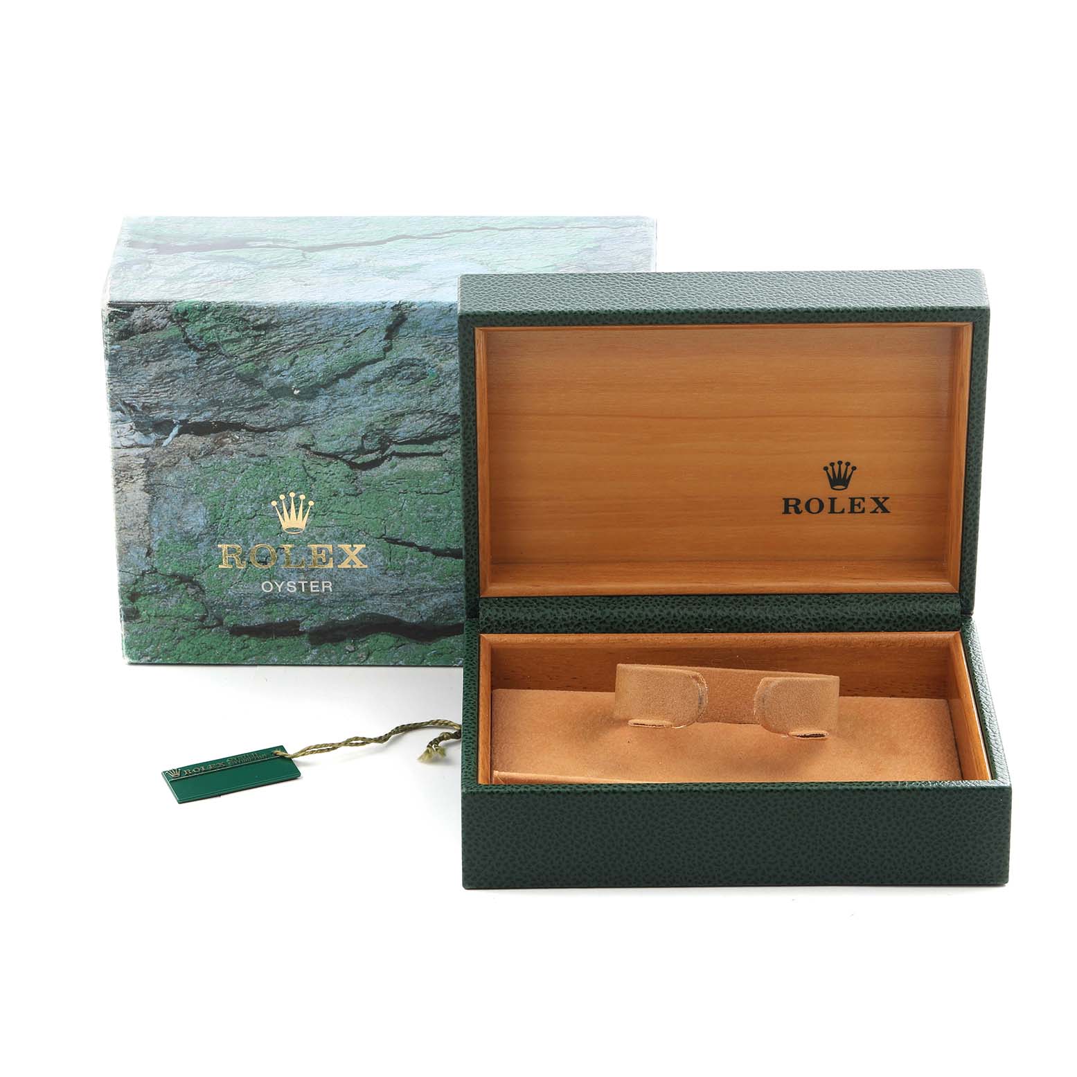 The image shows a Rolex Datejust 16220 Men
s Stainless Steel Silver Dial 16220 Men
s Stainless Steel Silver Dial watch box and tag, with the box lid open, viewed from the front.