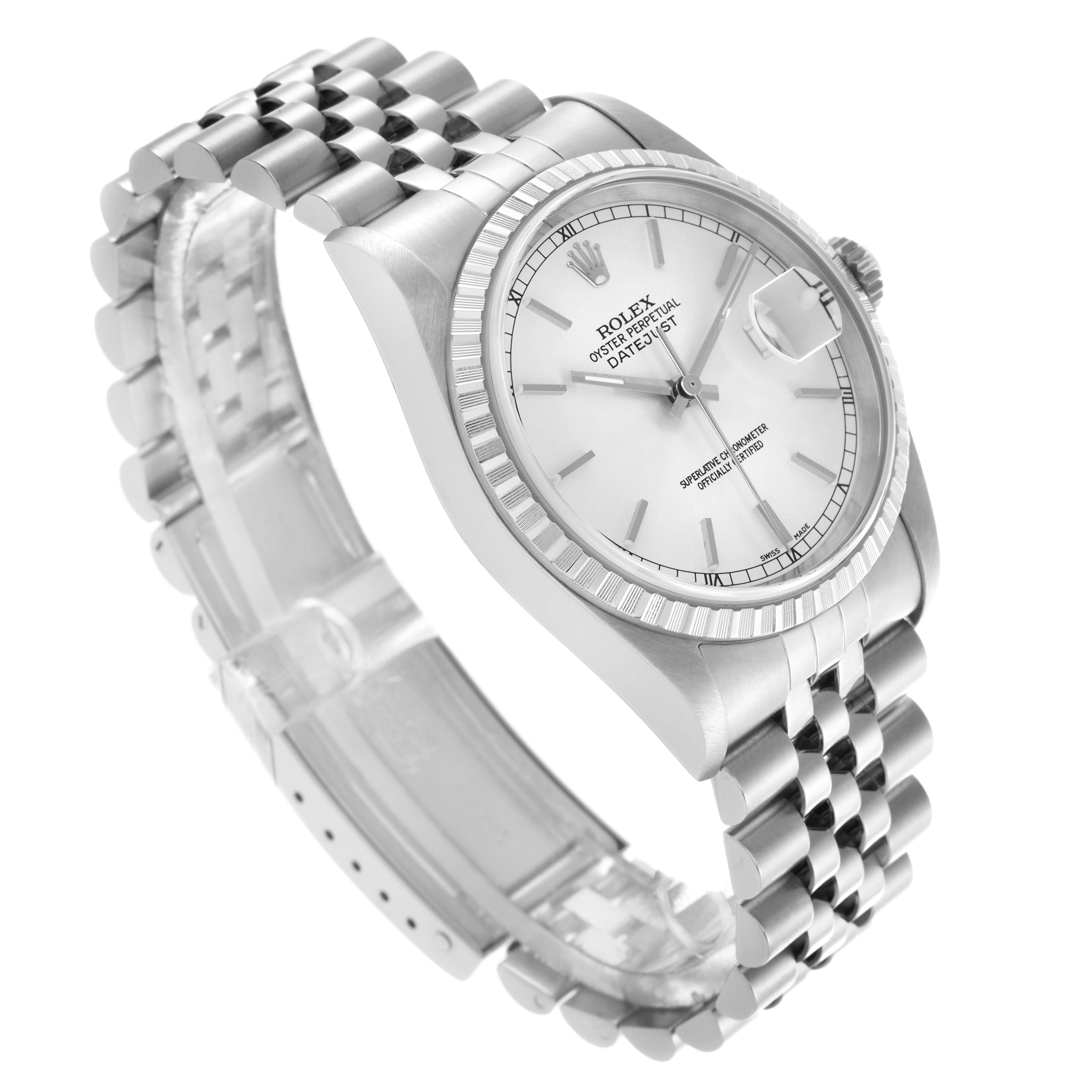 The Rolex Datejust 16220 Men
s Stainless Steel Silver Dial 16220 Men
s Stainless Steel Silver Dial watch is shown at a three-quarter angle, highlighting the face, bezel, and partially the bracelet.