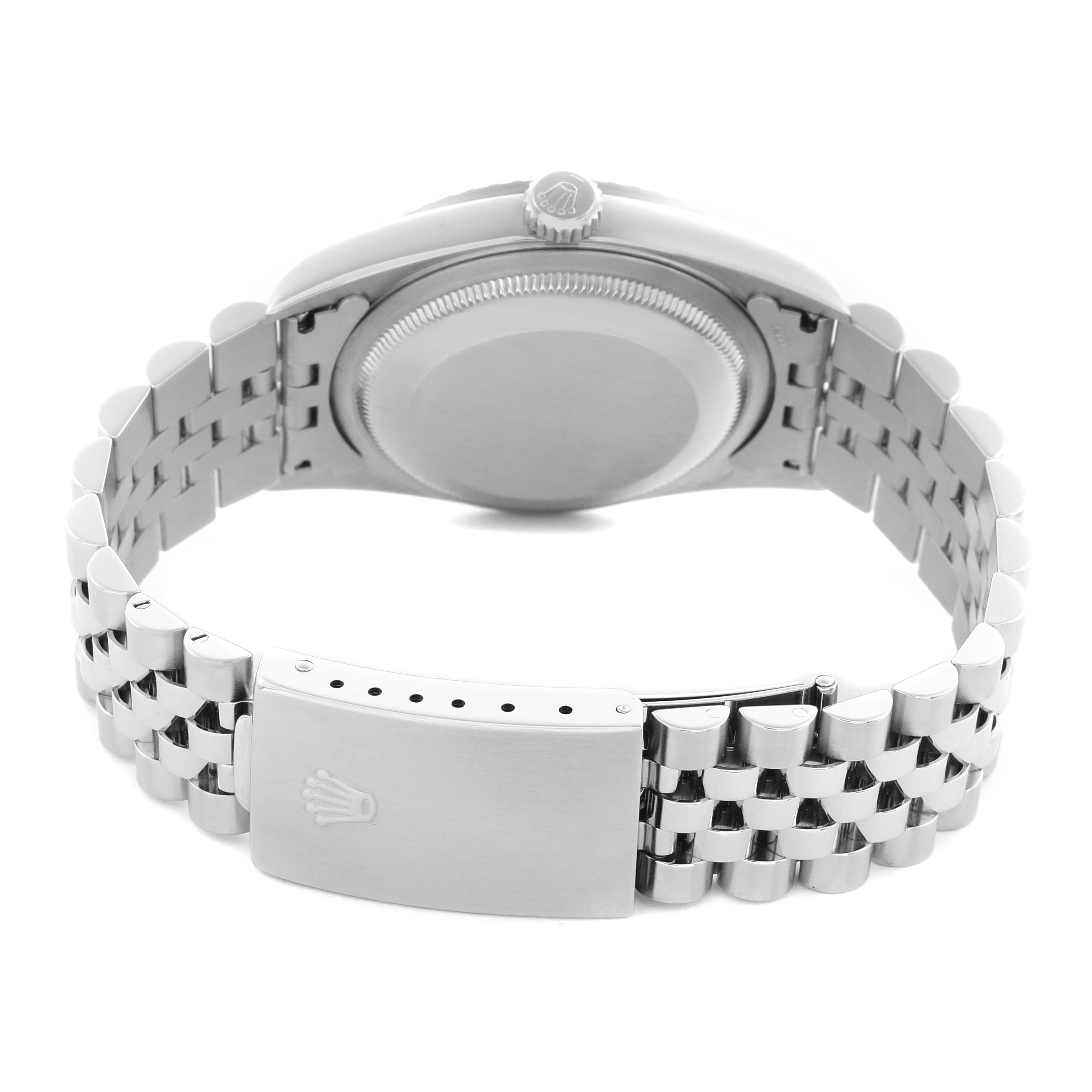 The image shows the Rolex Datejust 16220 Men
s Stainless Steel Silver Dial 16220 Men
s Stainless Steel Silver Dial from the back, highlighting the bracelet, clasp, case back, and crown.