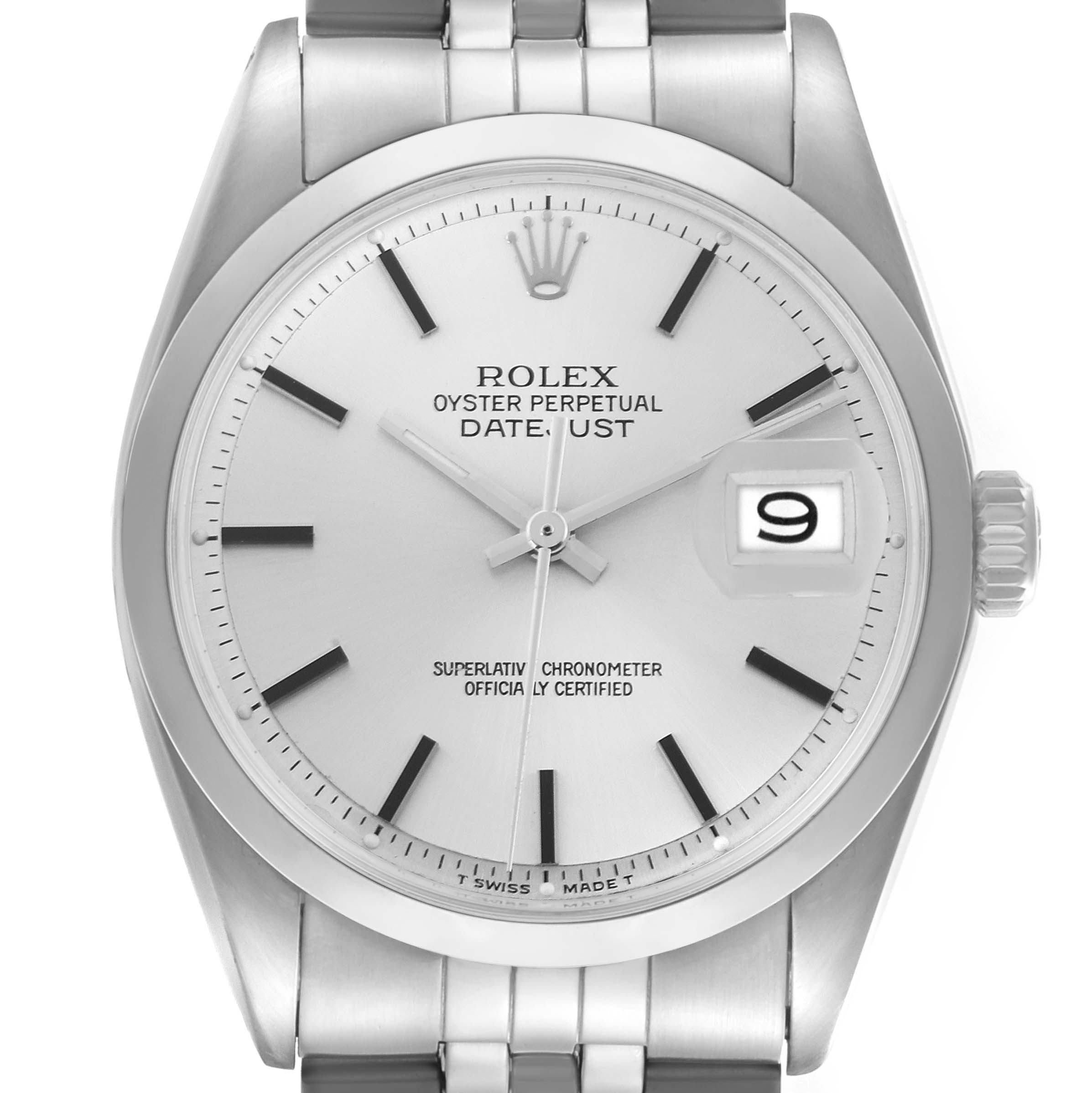 The Rolex Datejust 1600 Men
s Stainless Steel Silver Dial 1600 Men
s Stainless Steel Silver Dial watch is shown from the front, highlighting the dial, date window, and crown.