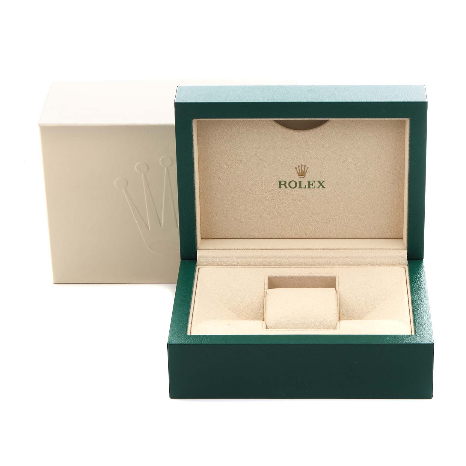 The image shows an empty Rolex watch box for the Datejust model, model number 1600, including the outer box and inner cushion, viewed from the front.