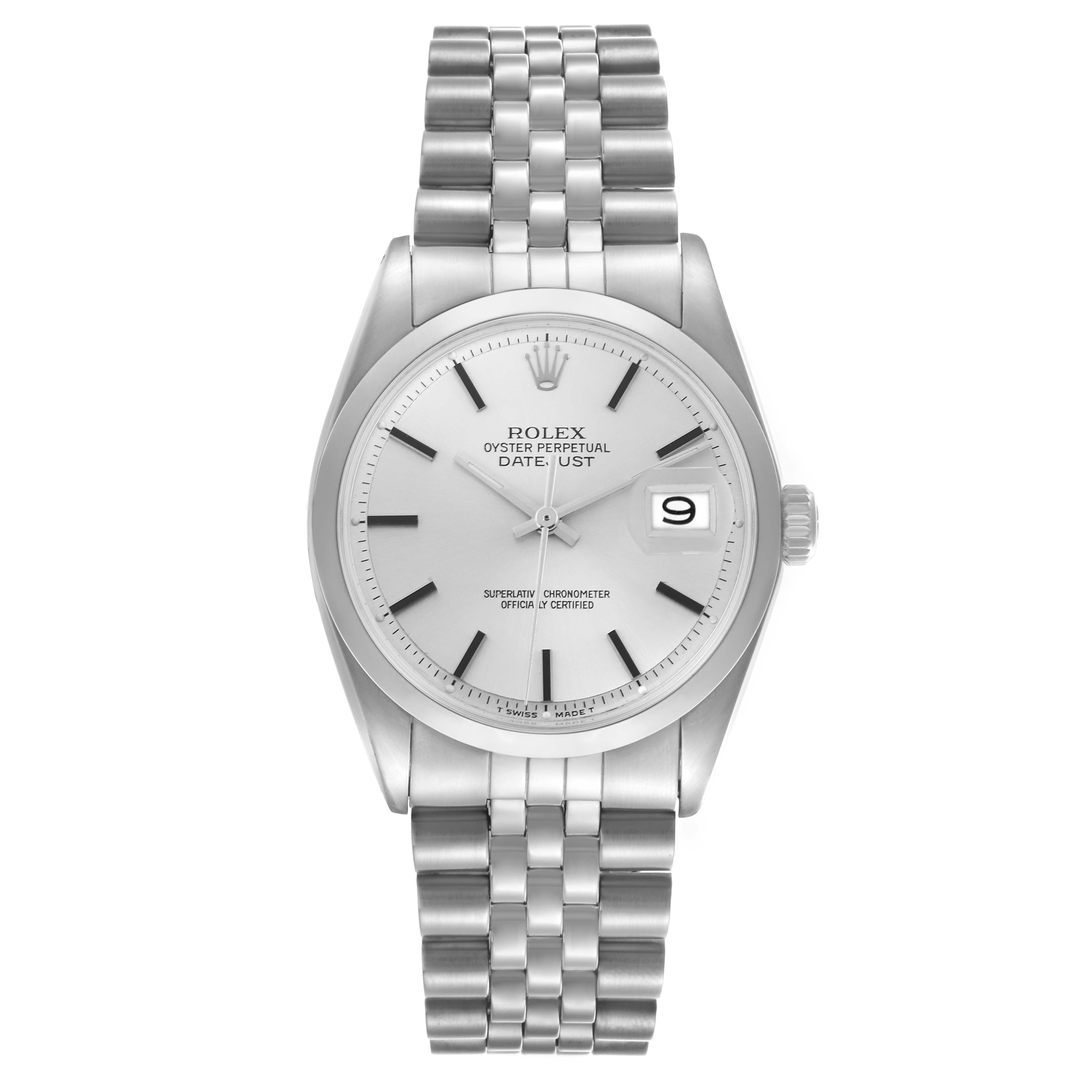 The Rolex Datejust 1600 Men
s Stainless Steel Silver Dial 1600 Men
s Stainless Steel Silver Dial watch is shown from a front angle, displaying the face, bracelet, and crown.