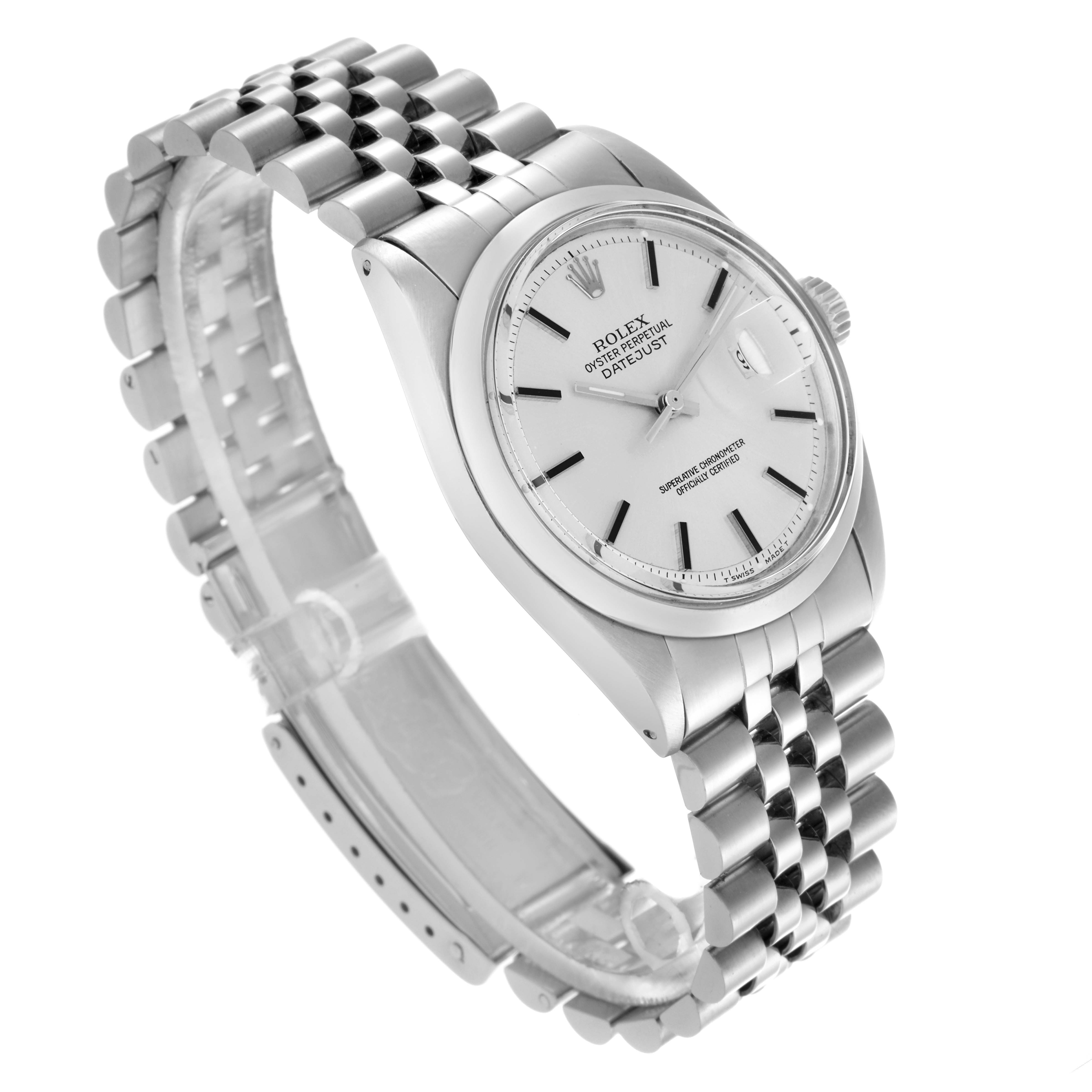 The Rolex Datejust 1600 Men
s Stainless Steel Silver Dial 1600 Men
s Stainless Steel Silver Dial watch is shown at a slight angle highlighting the dial, bezel, crown, and bracelet.