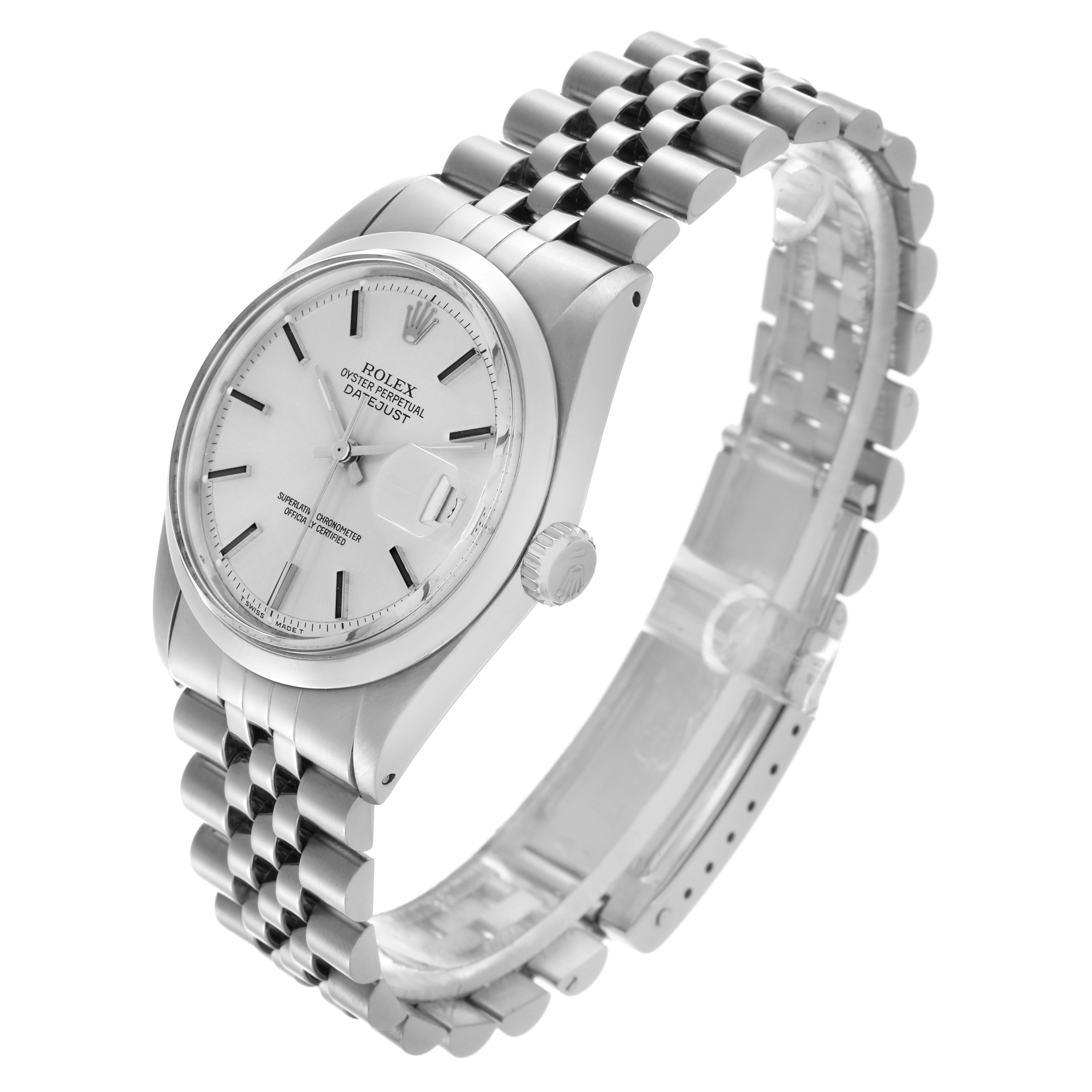 The Rolex Datejust 1600 Men
s Stainless Steel Silver Dial 1600 Men
s Stainless Steel Silver Dial watch is shown at a three-quarter angle, highlighting the dial, bezel, crown, and bracelet.