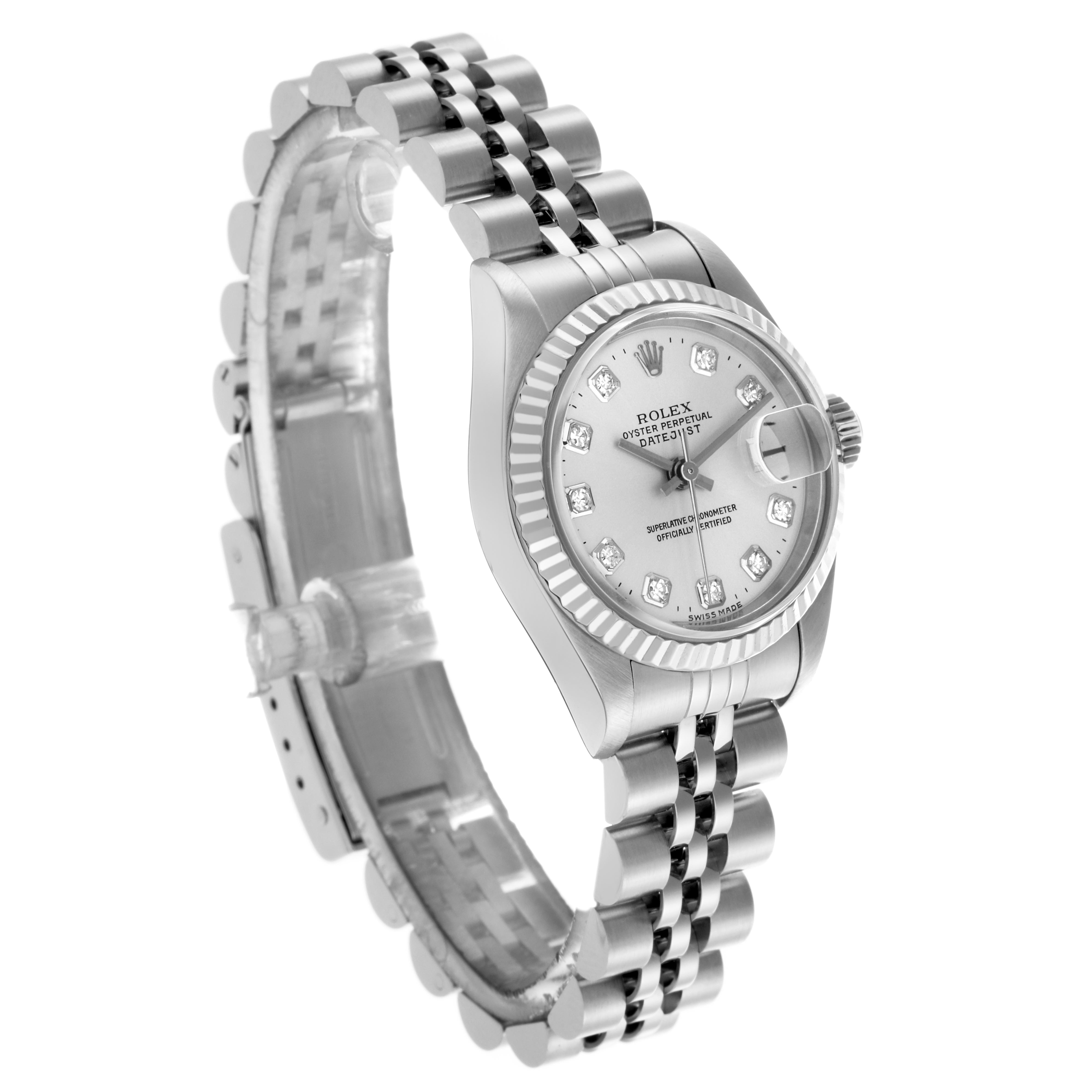 The Rolex Datejust 79174 Women
s Stainless Steel Silver Dial 79174 Women
s Stainless Steel Silver Dial watch is shown at a slight angle, displaying its face, bezel, and bracelet clearly.