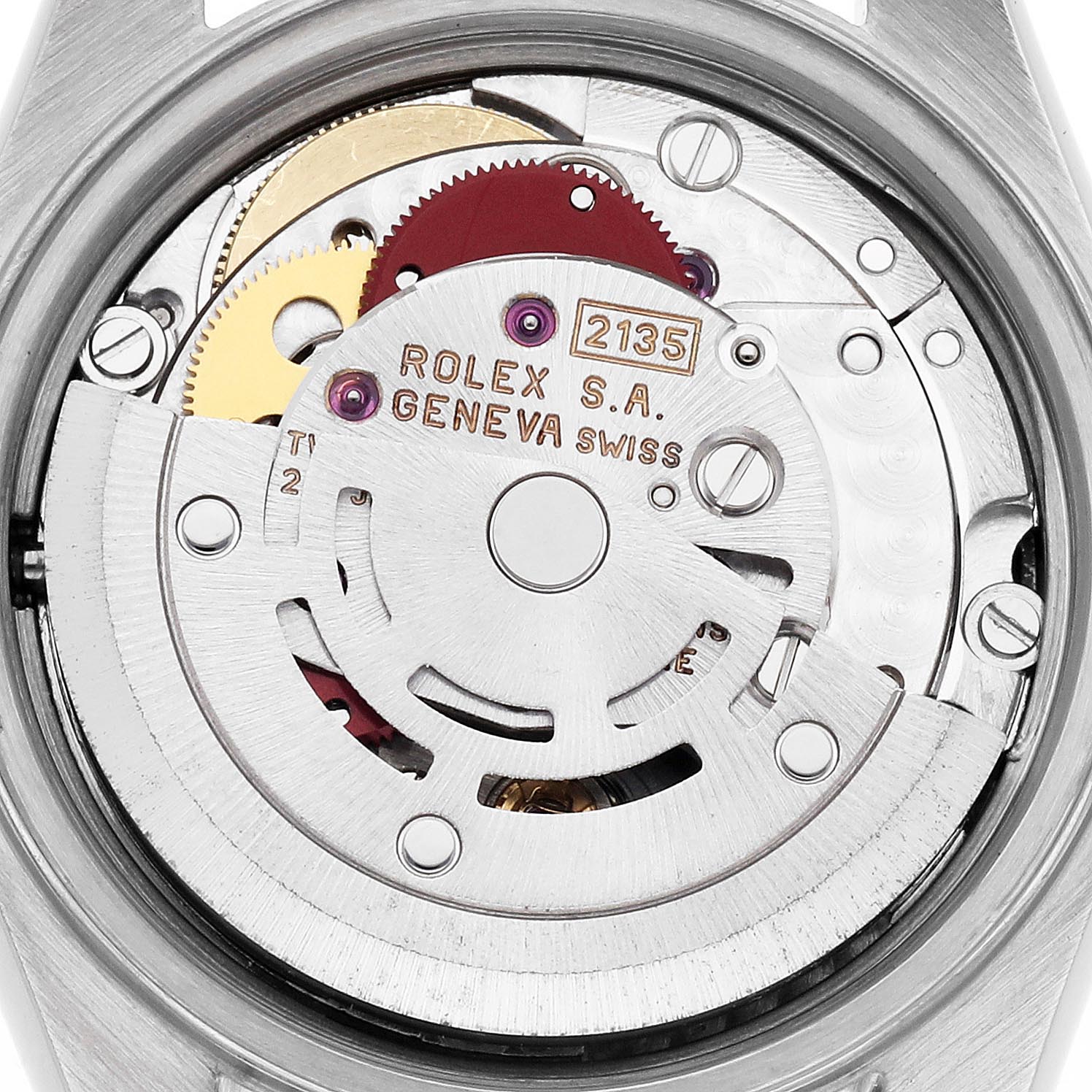 The image shows the movement mechanism of a Rolex Datejust 79174 Women
s Stainless Steel Silver Dial 79174 Women
s Stainless Steel Silver Dial, highlighting gears and the rotor from a top-down angle.